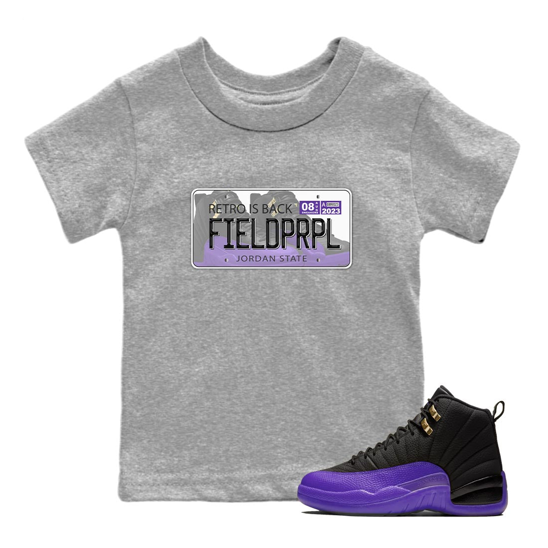 12s Field Purple shirt to match jordans Jordan Plate sneaker tees Air Jordan 12 Field Purple SNRT Sneaker Release Tees Baby Toddler Heather Grey 1 T-Shirt