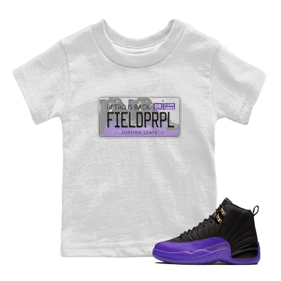 12s Field Purple shirt to match jordans Jordan Plate sneaker tees Air Jordan 12 Field Purple SNRT Sneaker Release Tees Baby Toddler White 1 T-Shirt