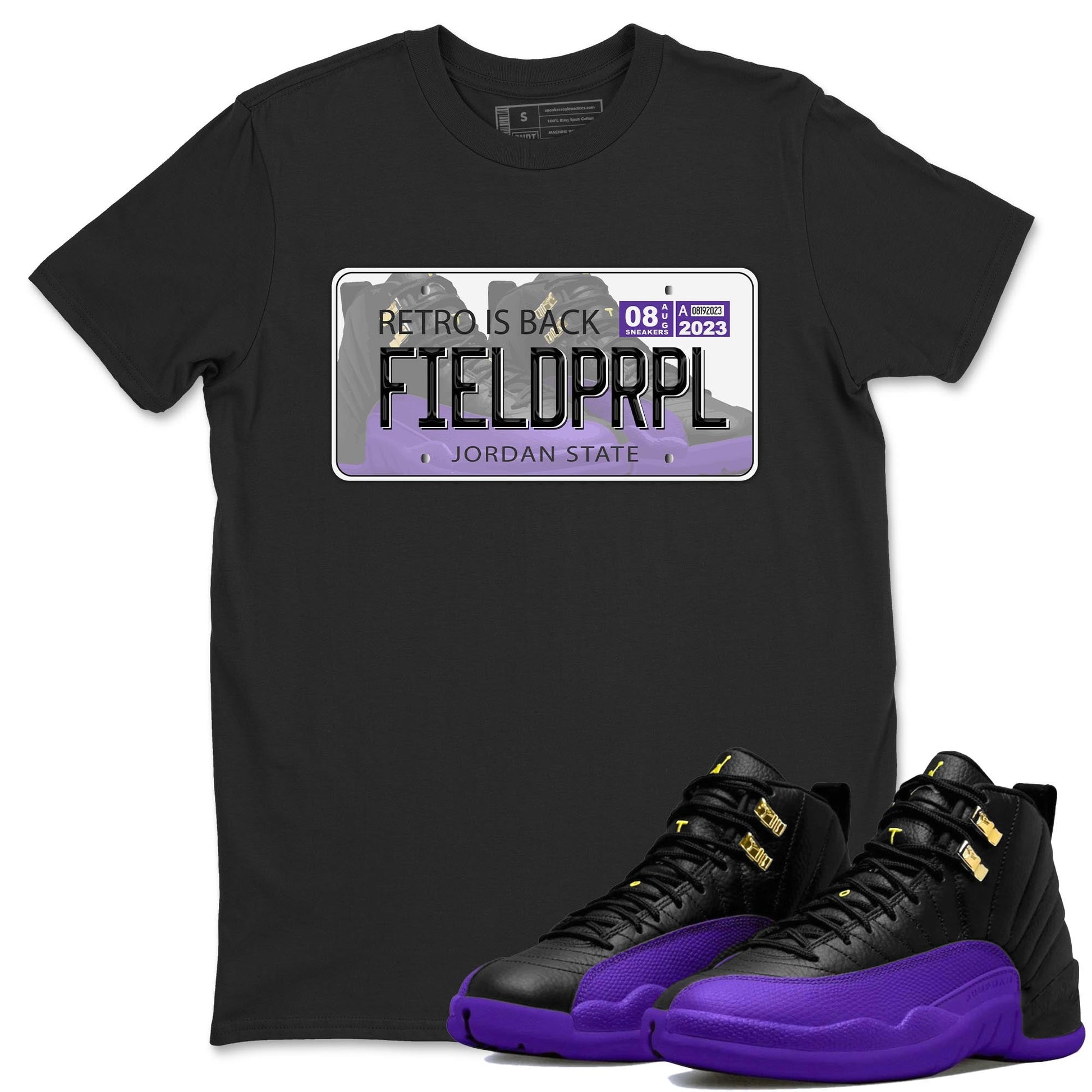 12s Field Purple shirt to match jordans Jordan Plate sneaker tees Air Jordan 12 Field Purple SNRT Sneaker Release Tees Crew Neck Casual Unisex Black 1 T-Shirt