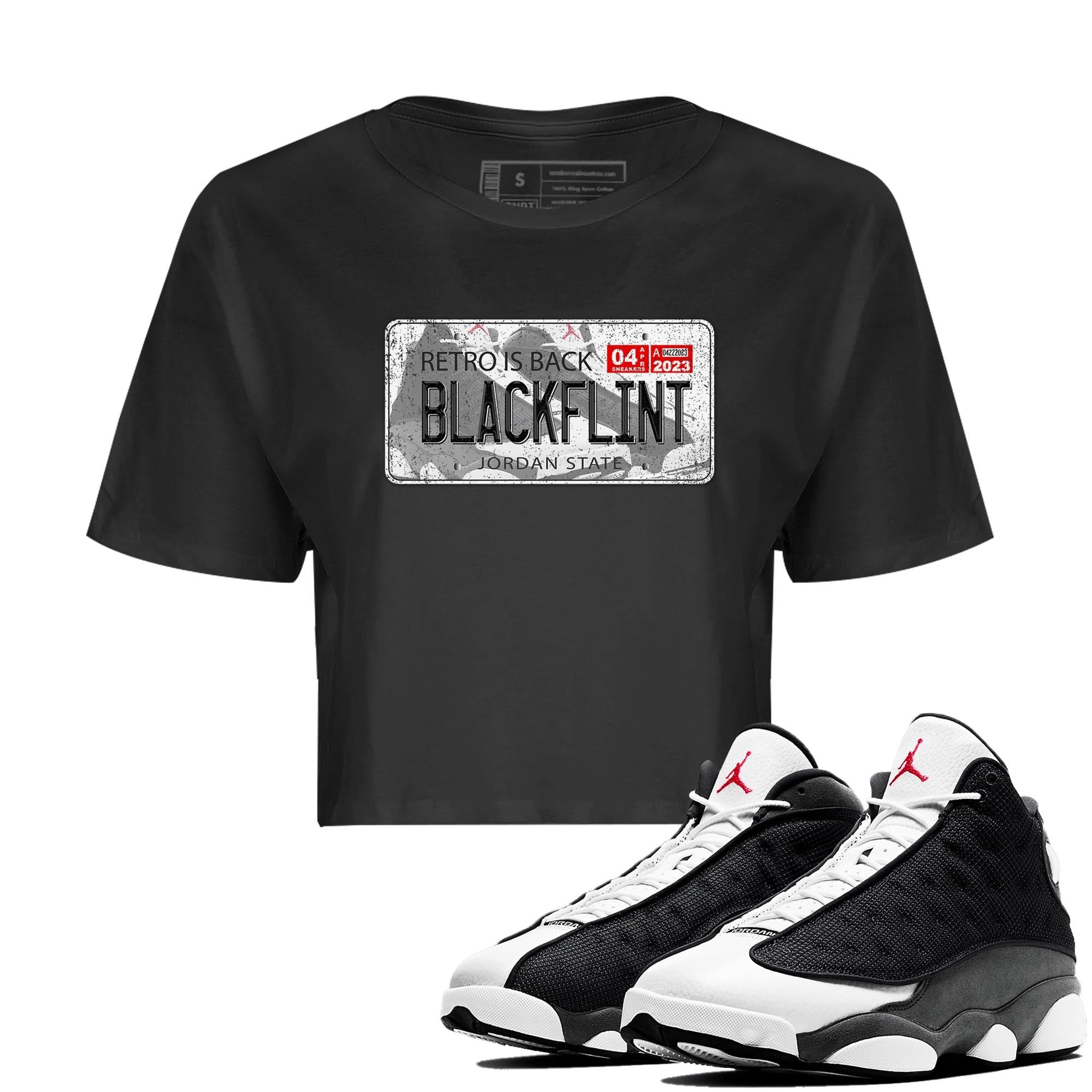 Air Jordan 13 Black Flint Sneaker Match Tees Jordan Plate Sneaker Tees AJ 13s Black Flint Sneaker Release Tees Women's Shirts Black 1