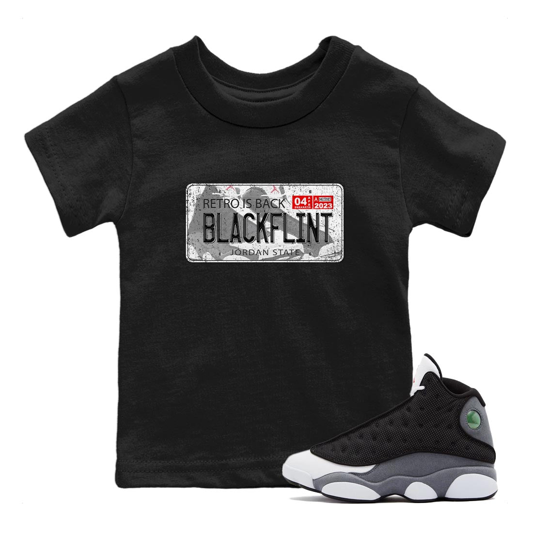 Air Jordan 13 Black Flint Sneaker Match Tees Jordan Plate Sneaker Tees AJ 13s Black Flint Sneaker Release Tees Kids Shirts Black 1