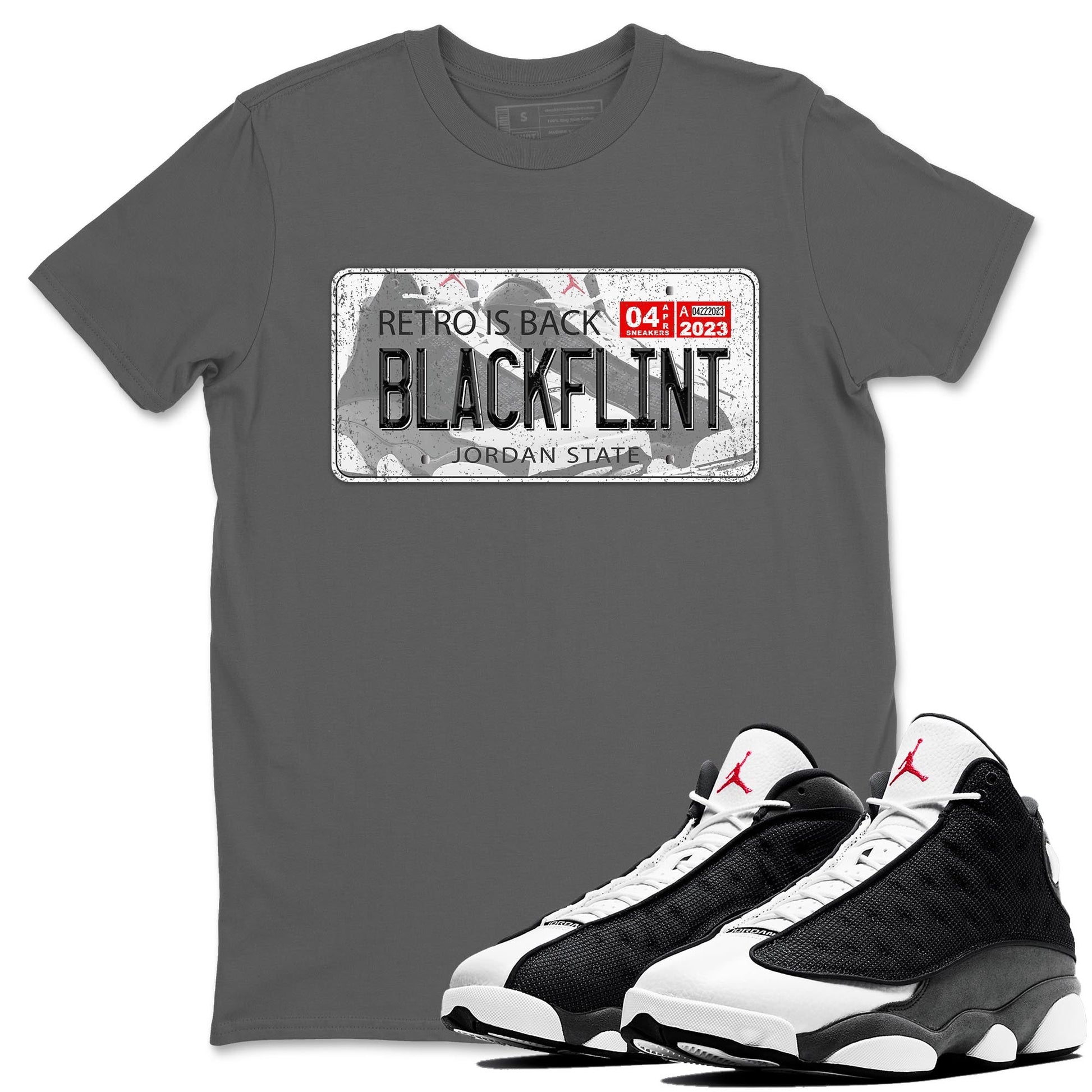 Air Jordan 13 Black Flint Jordan Plate Crew Neck Sneaker Tees AJ 13s Black Flint Sneaker T-Shirts Size Chart