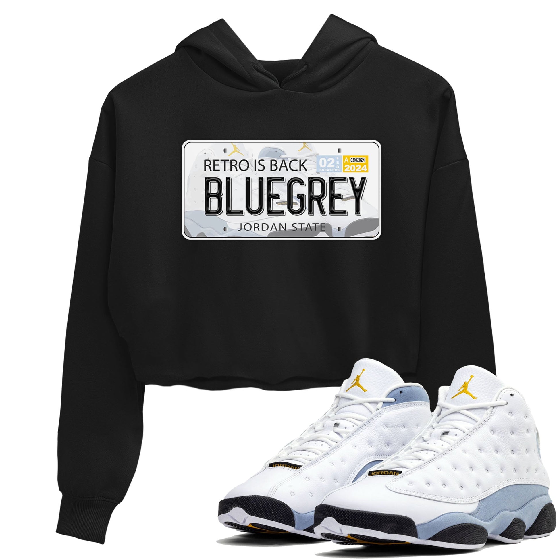 13s Blue Grey shirt to match jordans Jordan Plate sneaker tees Air Jordan 13 Blue Grey SNRT Sneaker Release Tees Black 1 crop length shirt