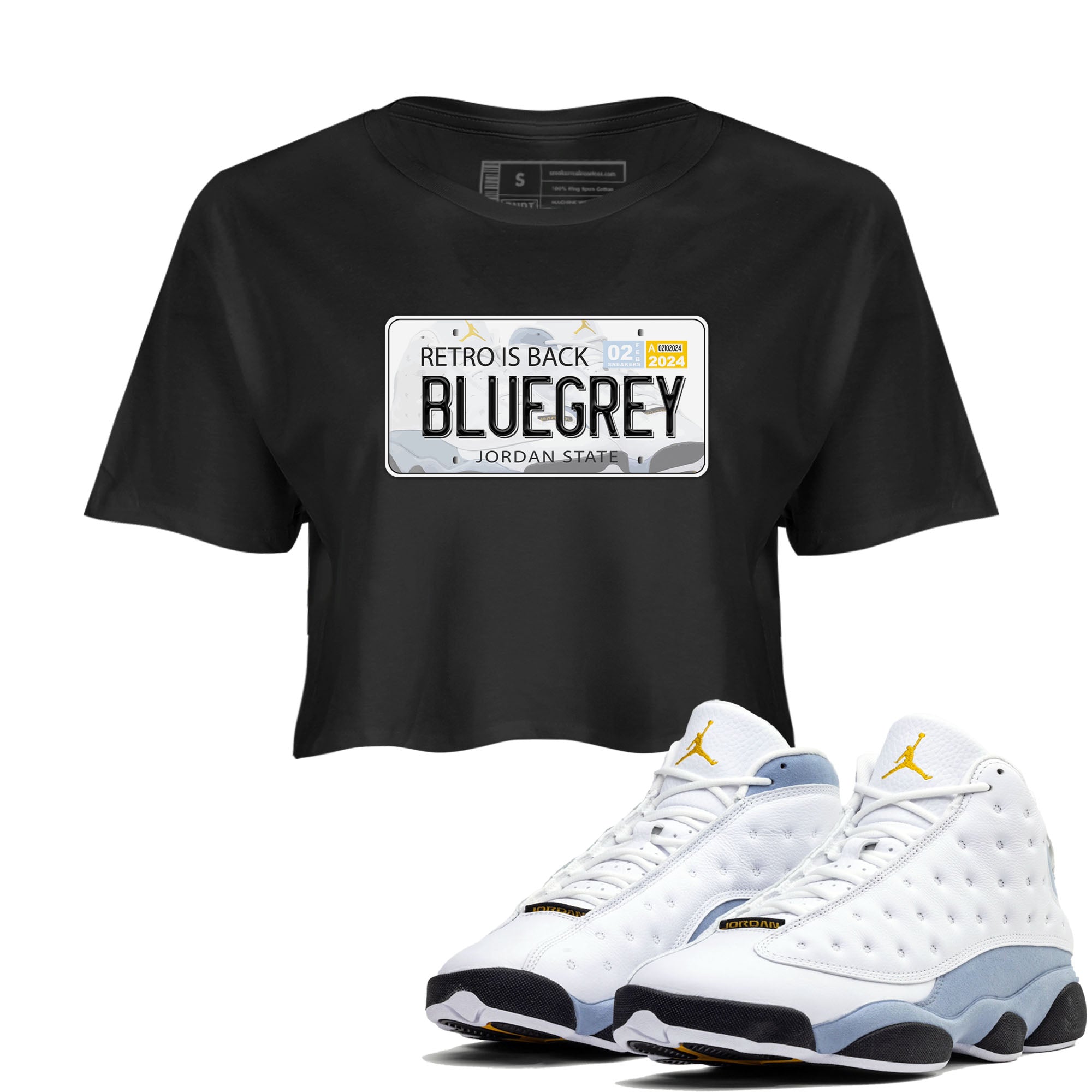 13s Blue Grey shirt to match jordans Jordan Plate sneaker tees Air Jordan 13 Blue Grey SNRT Sneaker Release Tees Black 1 crop length shirt