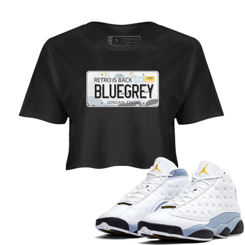 13s Blue Grey shirt to match jordans Jordan Plate sneaker tees Air Jordan 13 Blue Grey SNRT Sneaker Release Tees Black 1 crop length shirt