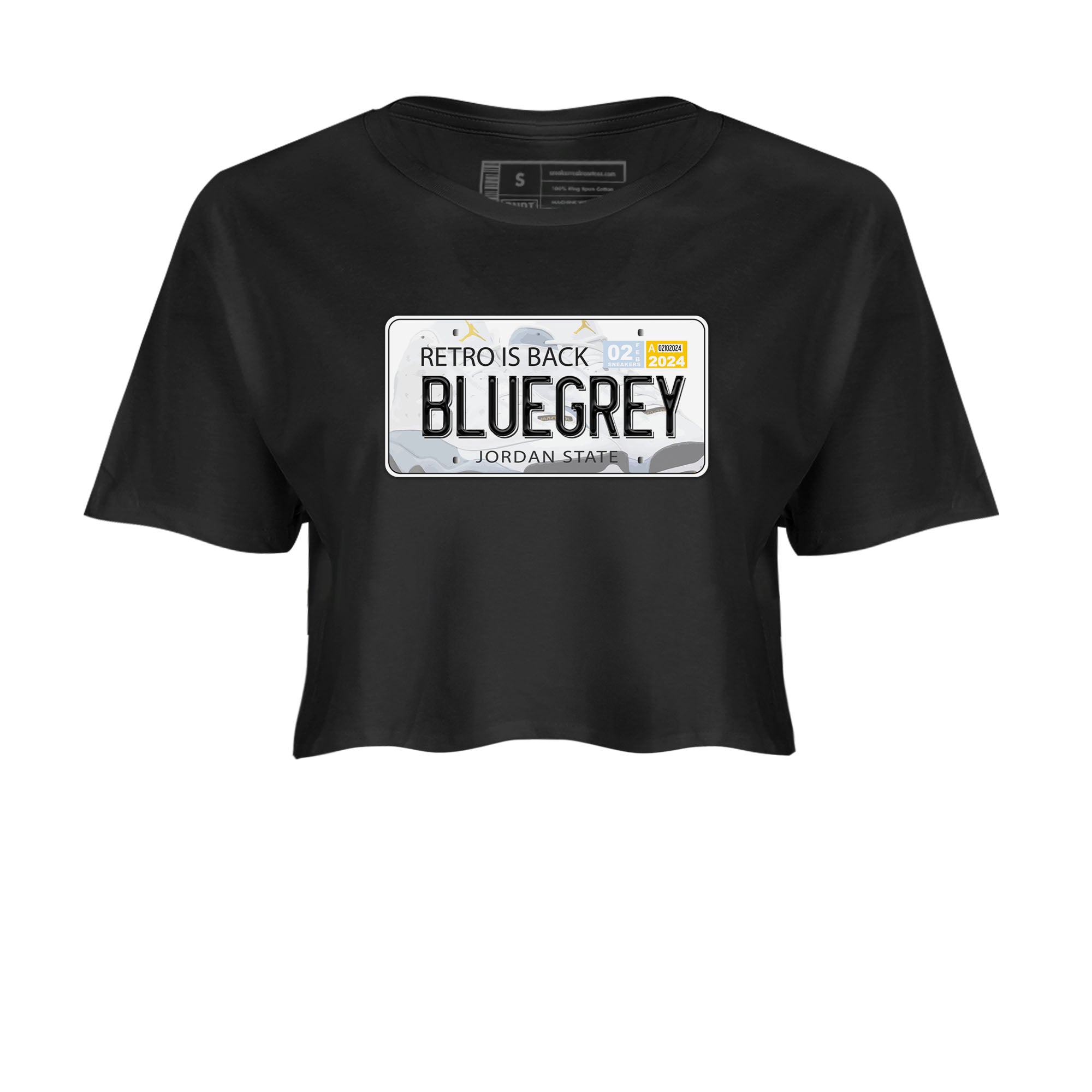 13s Blue Grey shirt to match jordans Jordan Plate sneaker tees Air Jordan 13 Blue Grey SNRT Sneaker Release Tees Black 2 crop length shirt