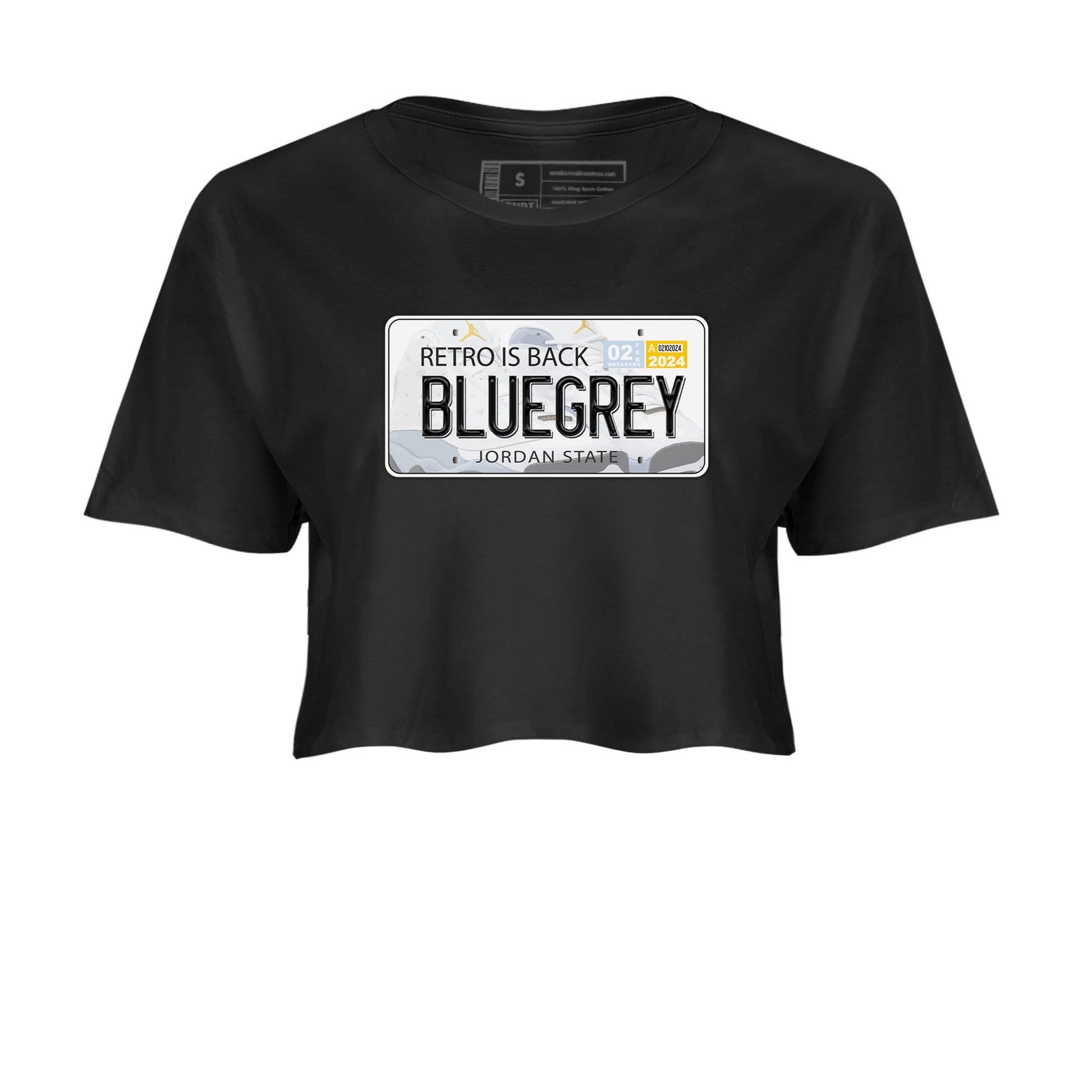 13s Blue Grey shirt to match jordans Jordan Plate sneaker tees Air Jordan 13 Blue Grey SNRT Sneaker Release Tees Black 2 crop length shirt