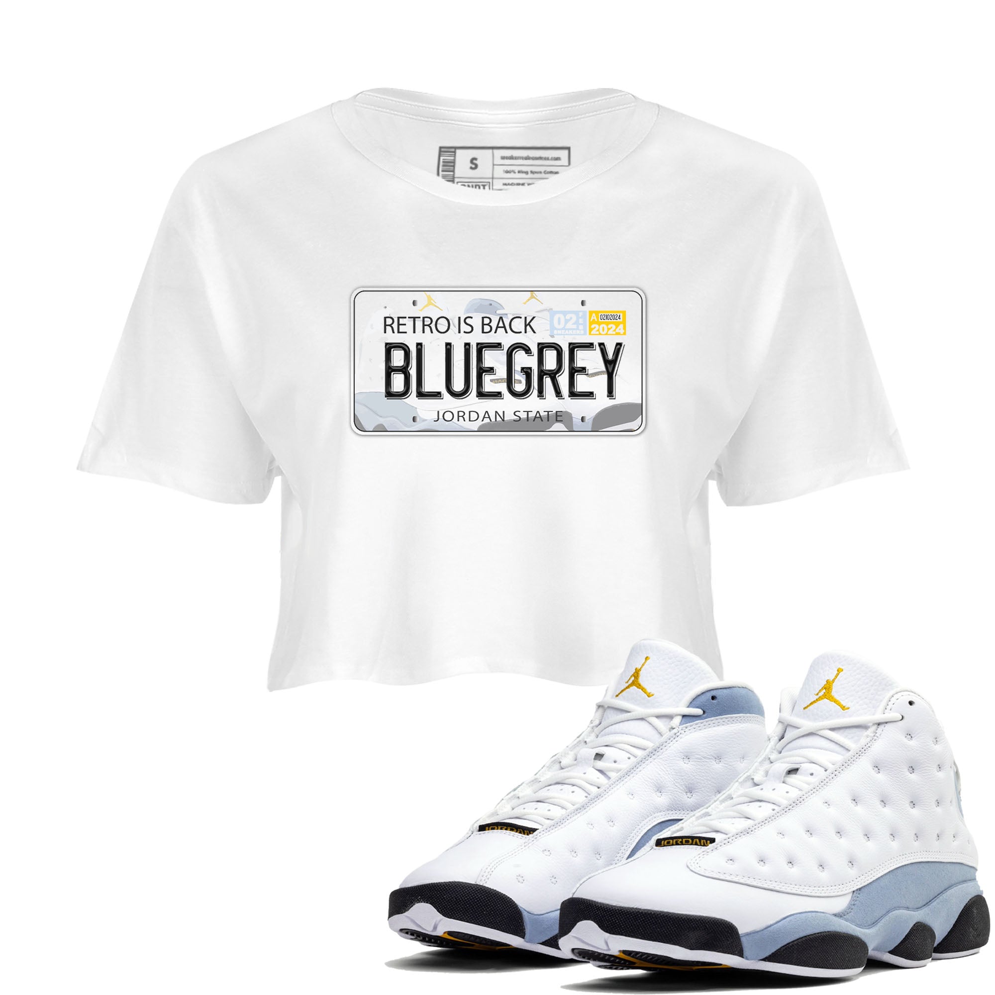 13s Blue Grey shirt to match jordans Jordan Plate sneaker tees Air Jordan 13 Blue Grey SNRT Sneaker Release Tees White 1 crop length shirt