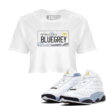 13s Blue Grey shirt to match jordans Jordan Plate sneaker tees Air Jordan 13 Blue Grey SNRT Sneaker Release Tees White 1 crop length shirt
