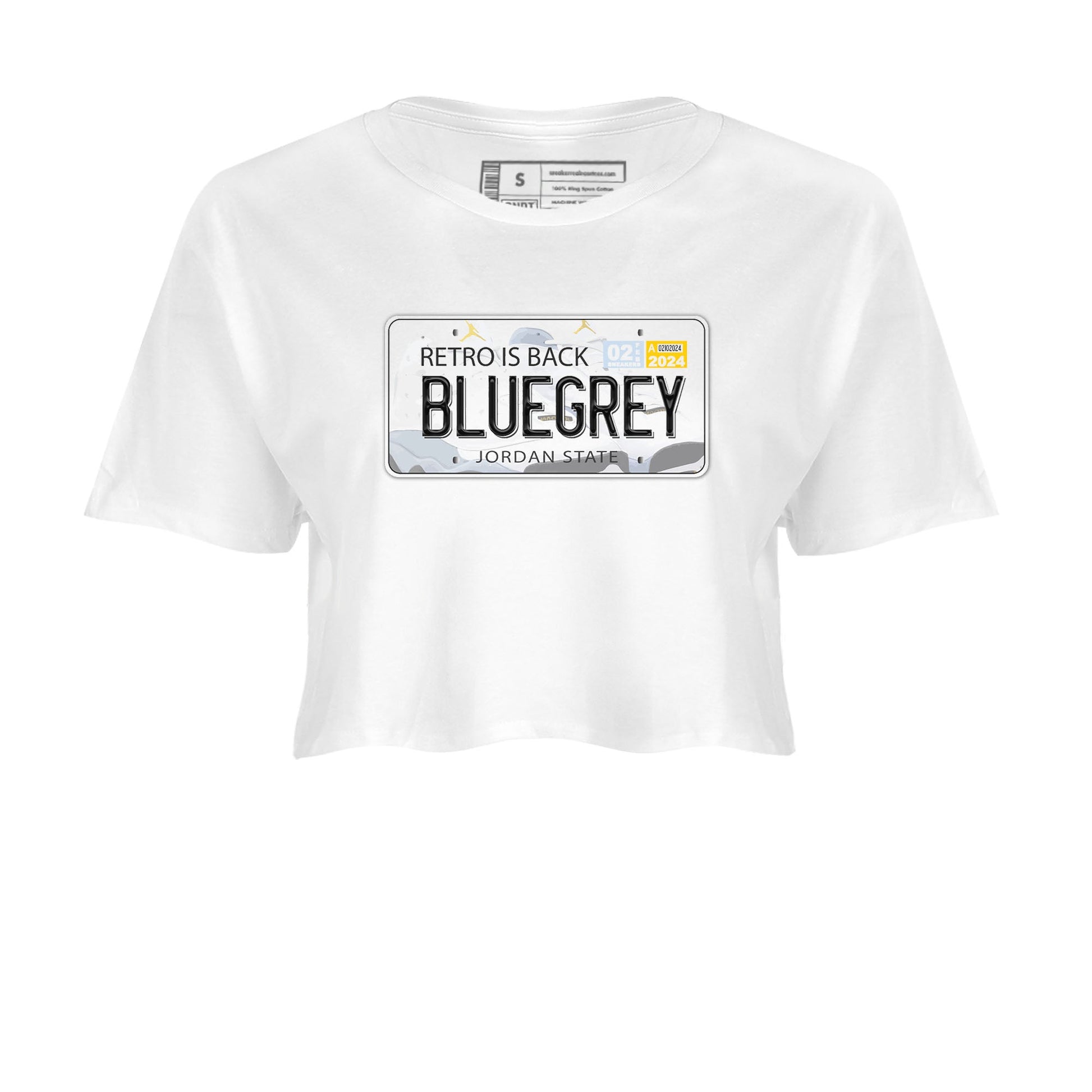 13s Blue Grey shirt to match jordans Jordan Plate sneaker tees Air Jordan 13 Blue Grey SNRT Sneaker Release Tees White 2 crop length shirt