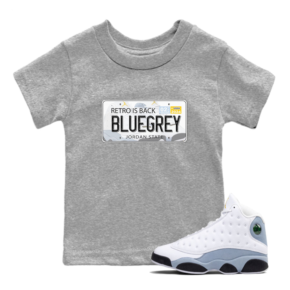 13s Blue Grey shirt to match jordans Jordan Plate sneaker tees Air Jordan 13 Blue Grey SNRT sneaker release tees baby toddler Heather Grey 1 cotton Shirt