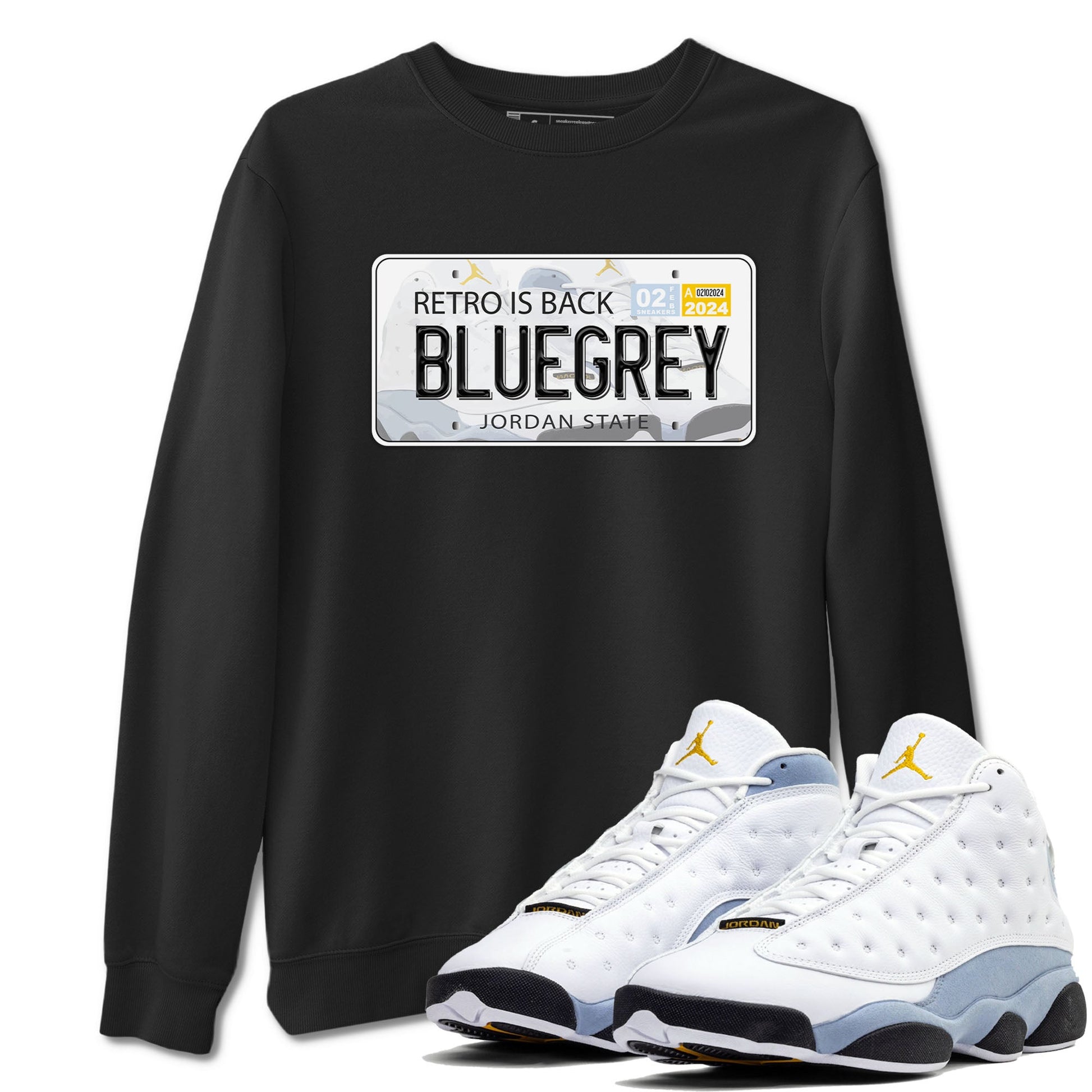 13s Blue Grey shirt to match jordans Jordan Plate sneaker tees Air Jordan 13 Blue Grey SNRT Sneaker Release Tees unisex cotton Black 1 crew neck shirt