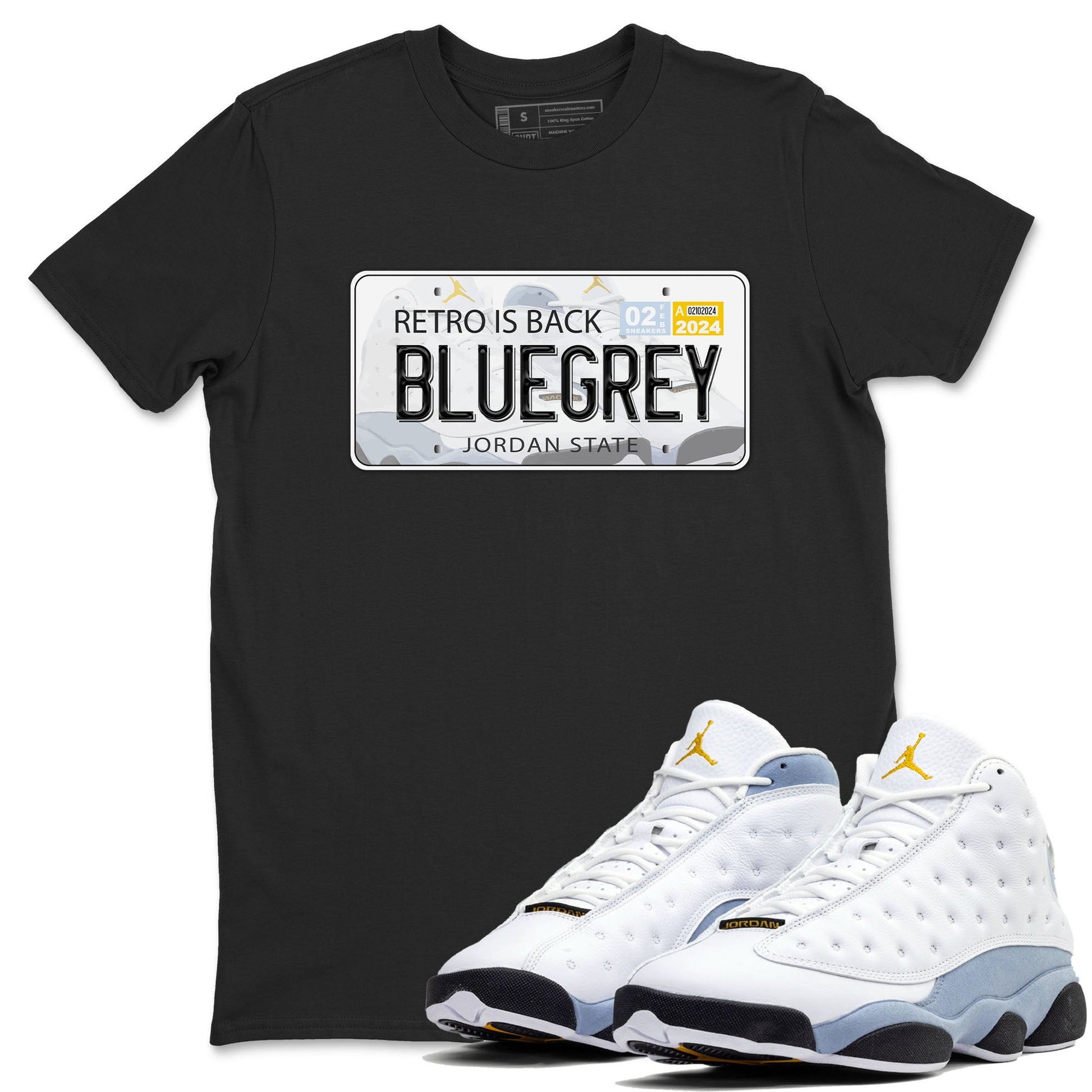 13s Blue Grey shirt to match jordans Jordan Plate sneaker tees Air Jordan 13 Blue Grey SNRT Sneaker Release Tees unisex cotton Black 1 crew neck shirt
