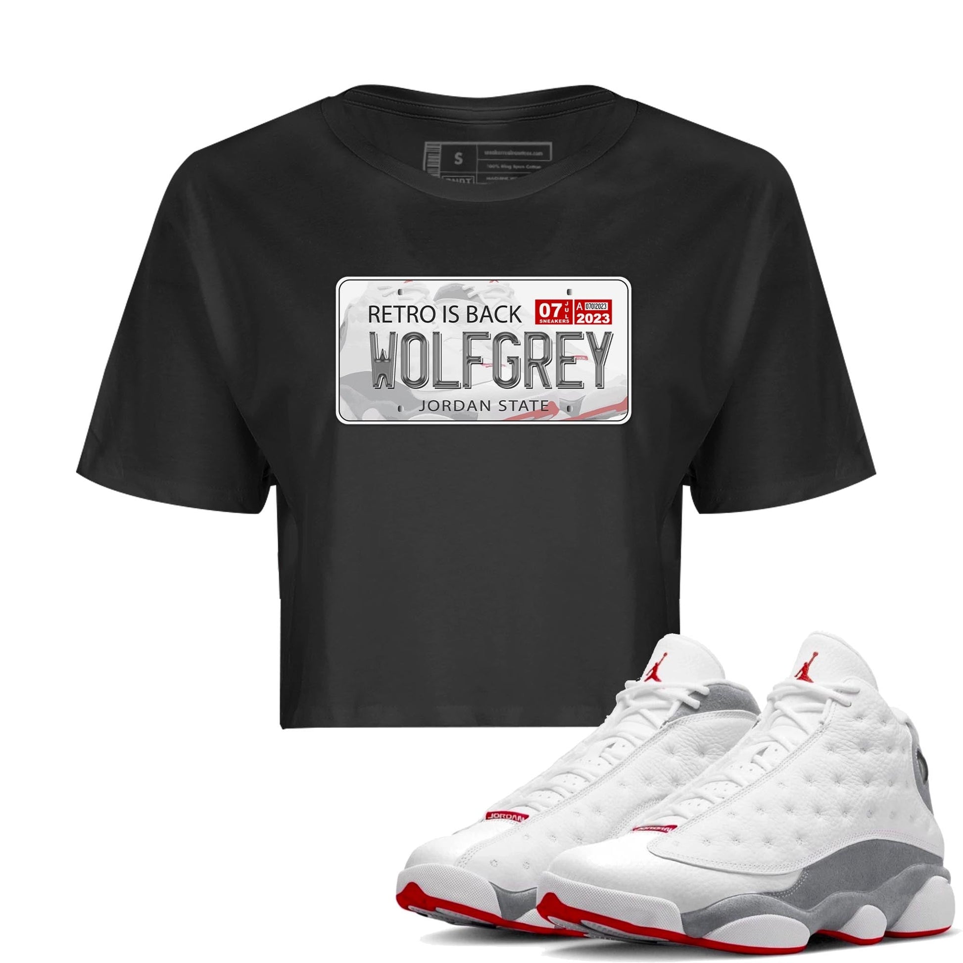 AJ13 Wolf Grey Sneaker Match Tees Jordan Plate Sneaker Tees Air Jordan 13 Wolf Grey SNRT Sneaker Release Tees Women's Shirts Black 1