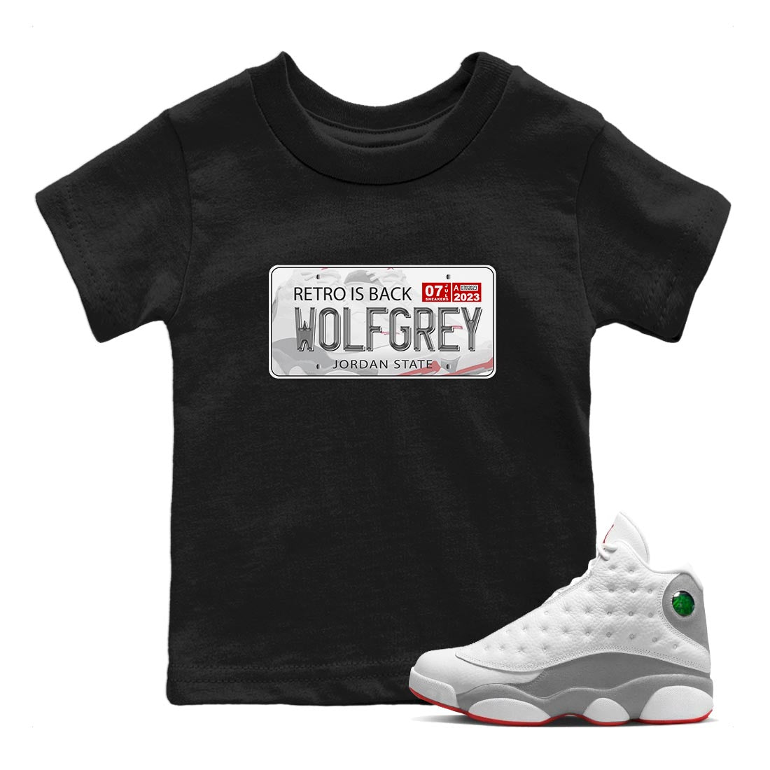 AJ13 Wolf Grey Sneaker Match Tees Jordan Plate Sneaker Tees Air Jordan 13 Wolf Grey SNRT Sneaker Release Tees Kids Shirts Black 1