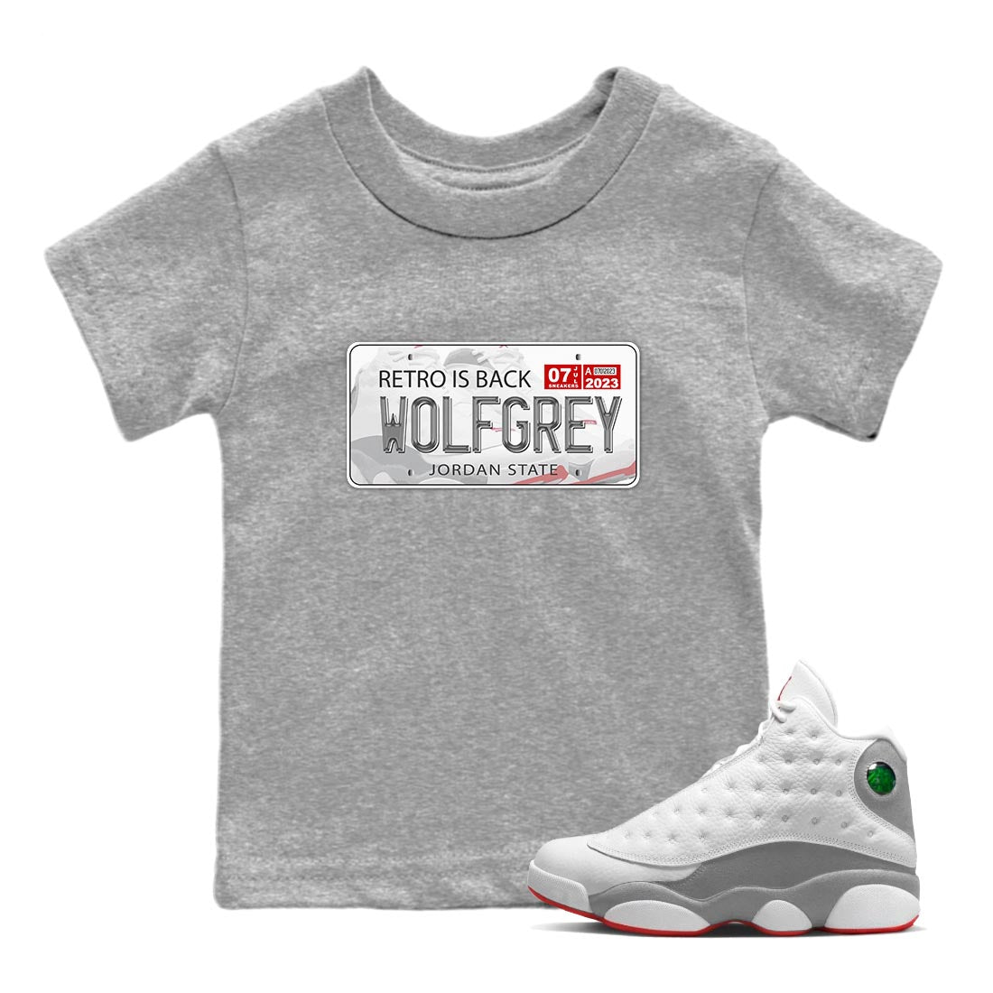 AJ13 Wolf Grey Sneaker Match Tees Jordan Plate Sneaker Tees Air Jordan 13 Wolf Grey SNRT Sneaker Release Tees Kids Shirts Heather Grey 1