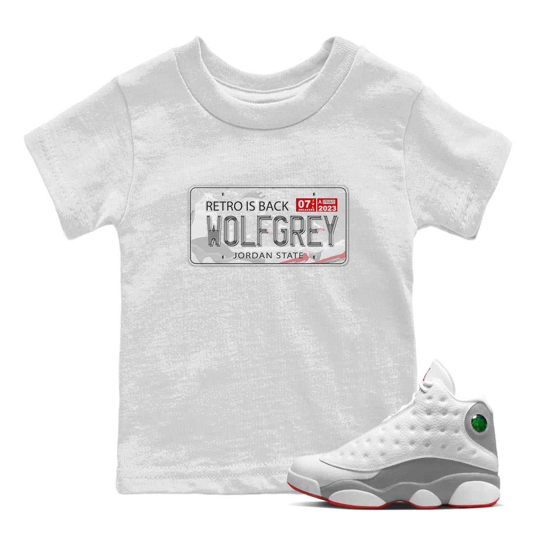 AJ13 Wolf Grey Sneaker Match Tees Jordan Plate Sneaker Tees Air Jordan 13 Wolf Grey SNRT Sneaker Release Tees Kids Shirts White 1
