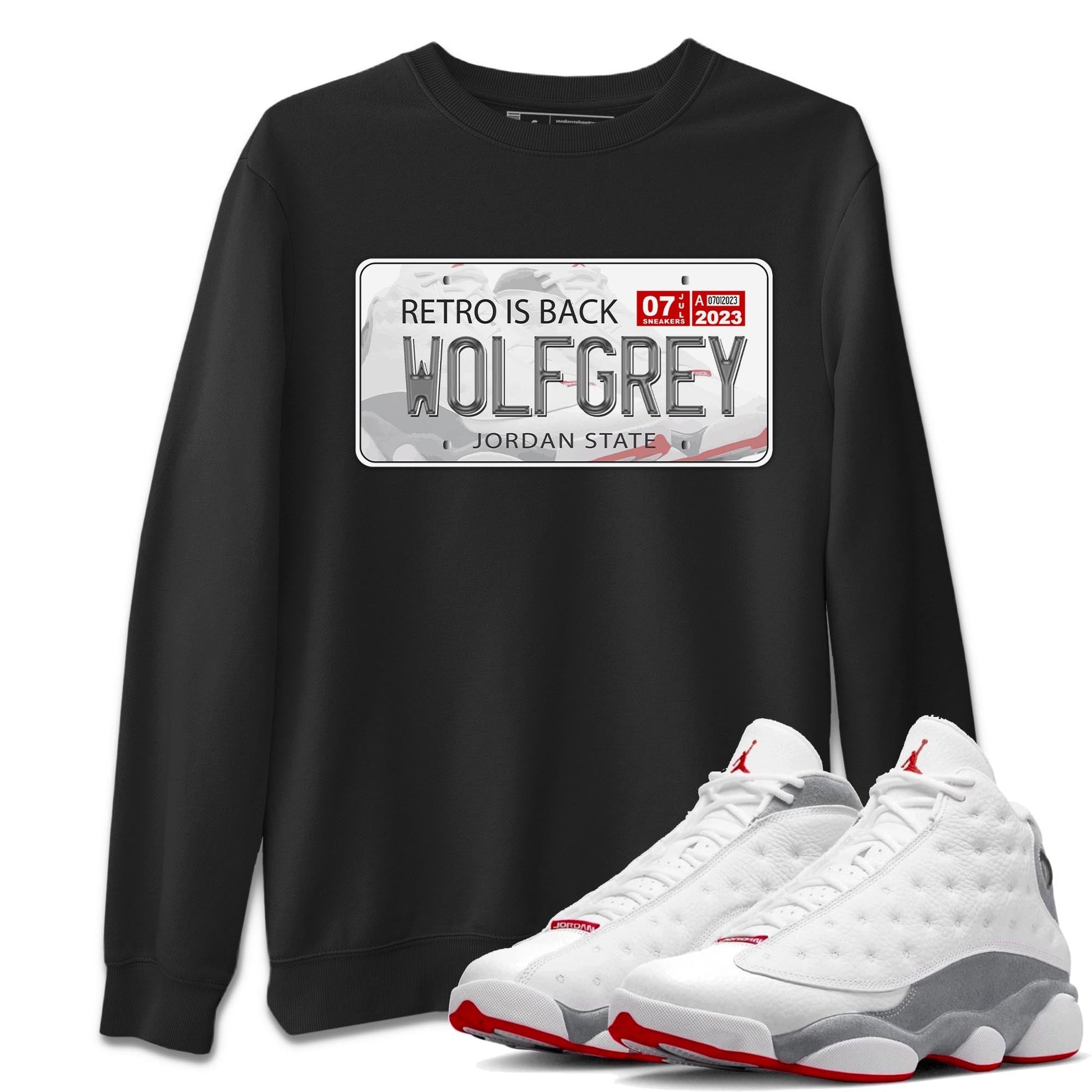 AJ13 Wolf Grey Sneaker Match Tees Jordan Plate Sneaker Tees Air Jordan 13 Wolf Grey SNRT Sneaker Release Tees Unisex Shirts Black 1