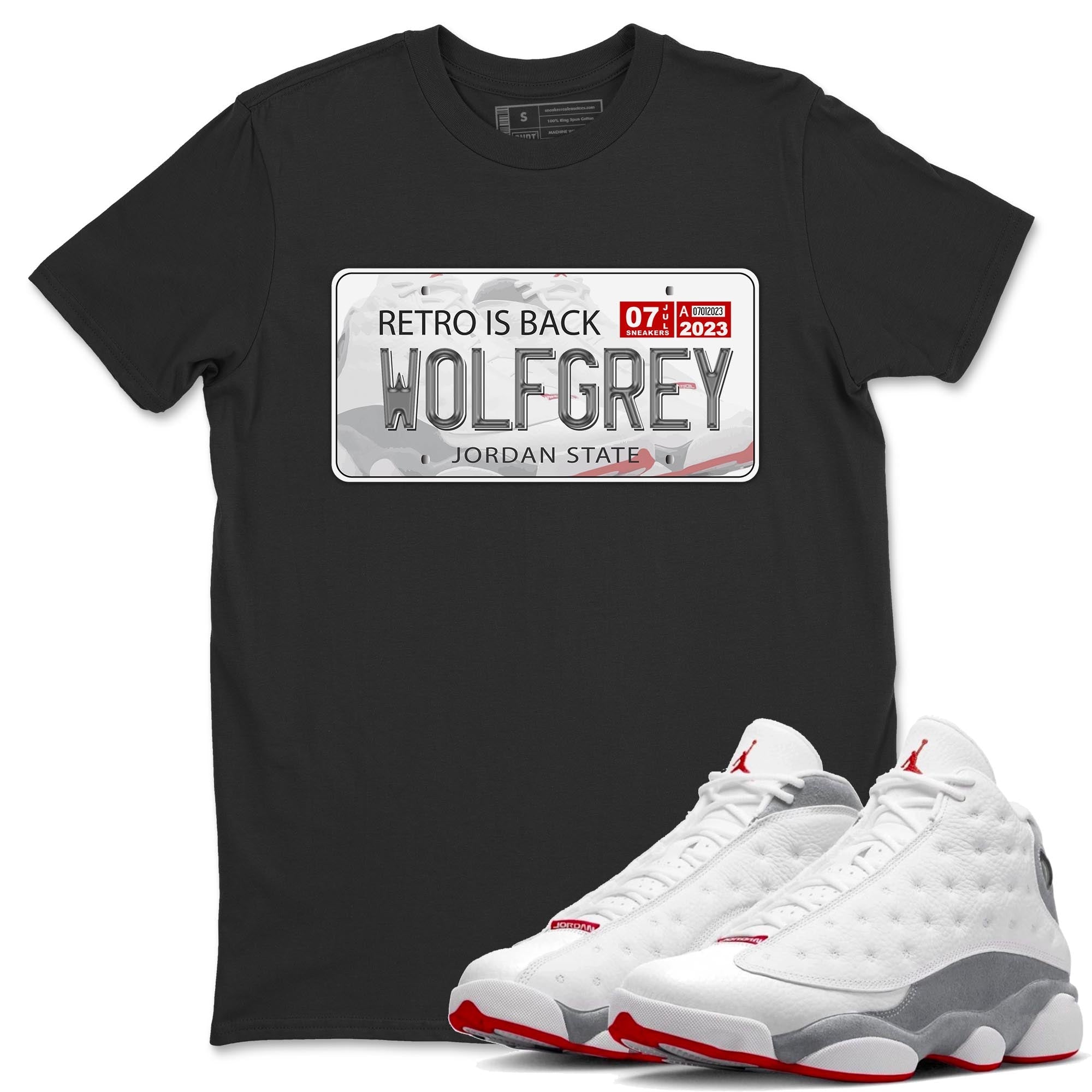 AJ13 Wolf Grey Sneaker Match Tees Jordan Plate Sneaker Tees Air Jordan 13 Wolf Grey SNRT Sneaker Release Tees Unisex Shirts Black 1
