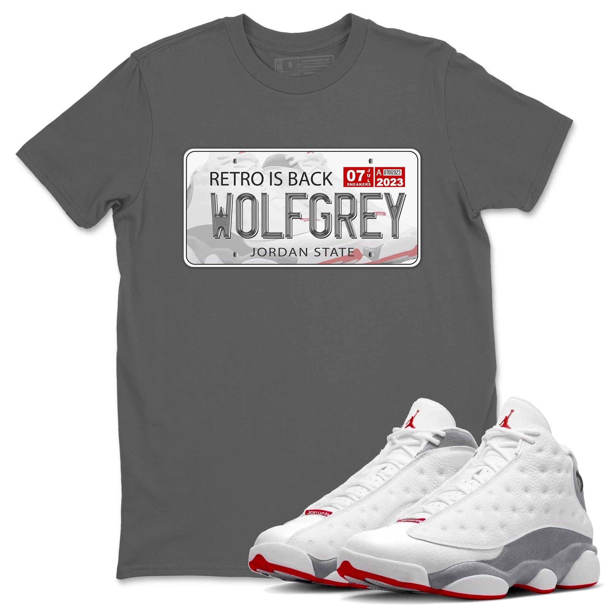 AJ13 Wolf Grey Sneaker Match Tees Jordan Plate Sneaker Tees Air Jordan 13 Wolf Grey SNRT Sneaker Release Tees Unisex Shirts Cool Grey 1
