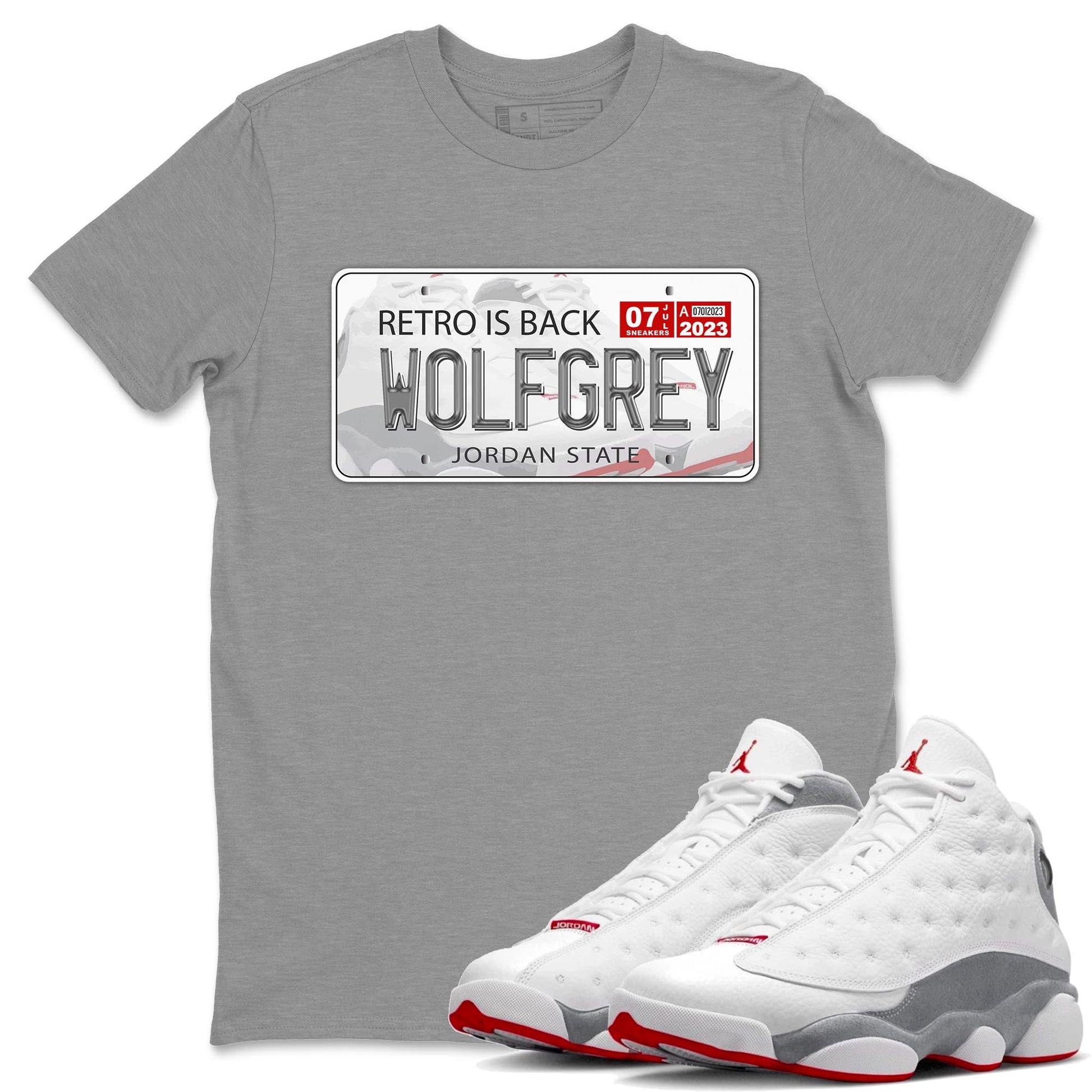 AJ13 Wolf Grey Sneaker Match Tees Jordan Plate Sneaker Tees Air Jordan 13 Wolf Grey SNRT Sneaker Release Tees Unisex Shirts Heather Grey 1