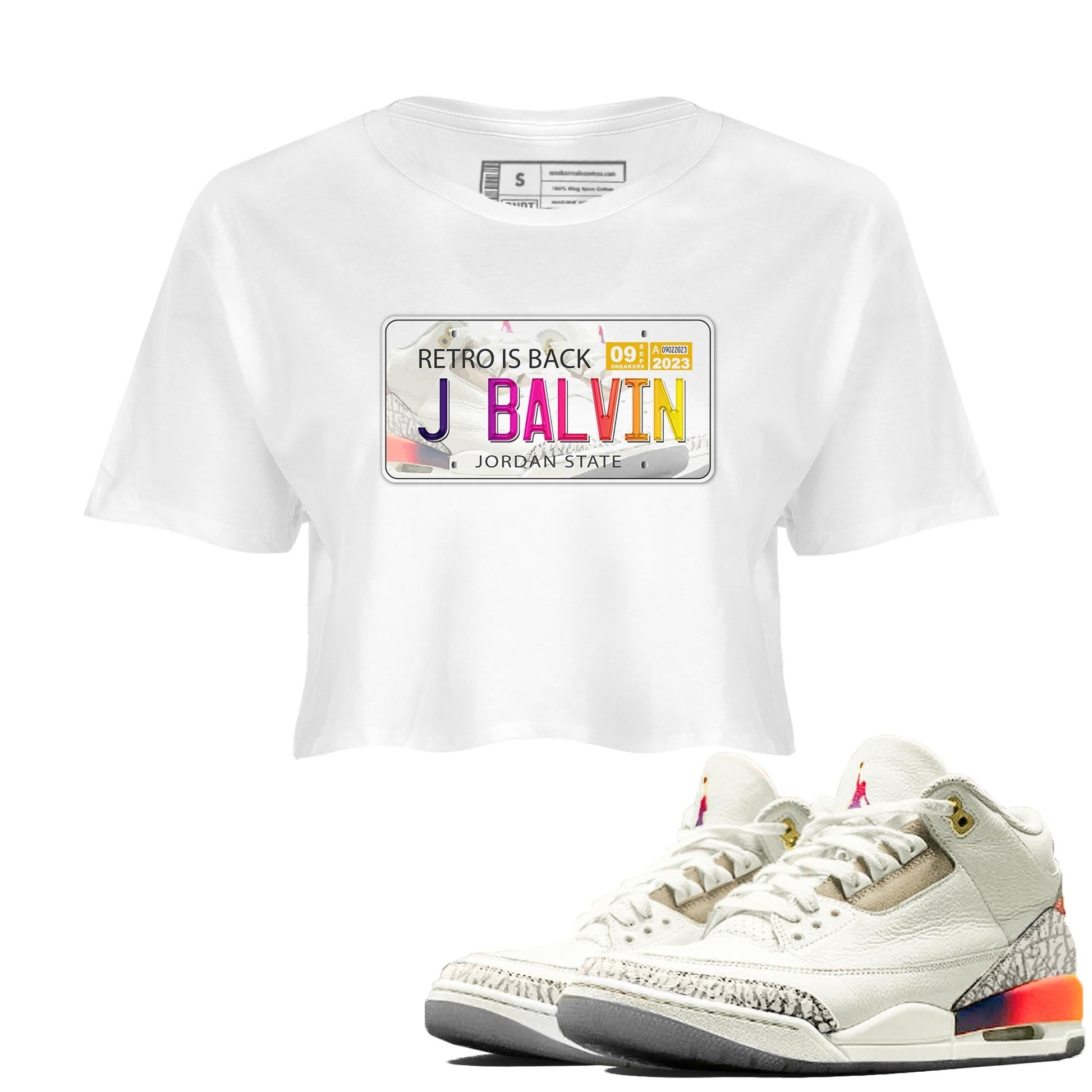 Air Jordan 3 J Balvin shirt to match jordans Jordan Plate sneaker tees Crew Neck Air Jordan 3 X J Balvin SNRT Sneaker Release Tees White 1 Crop T-Shirt