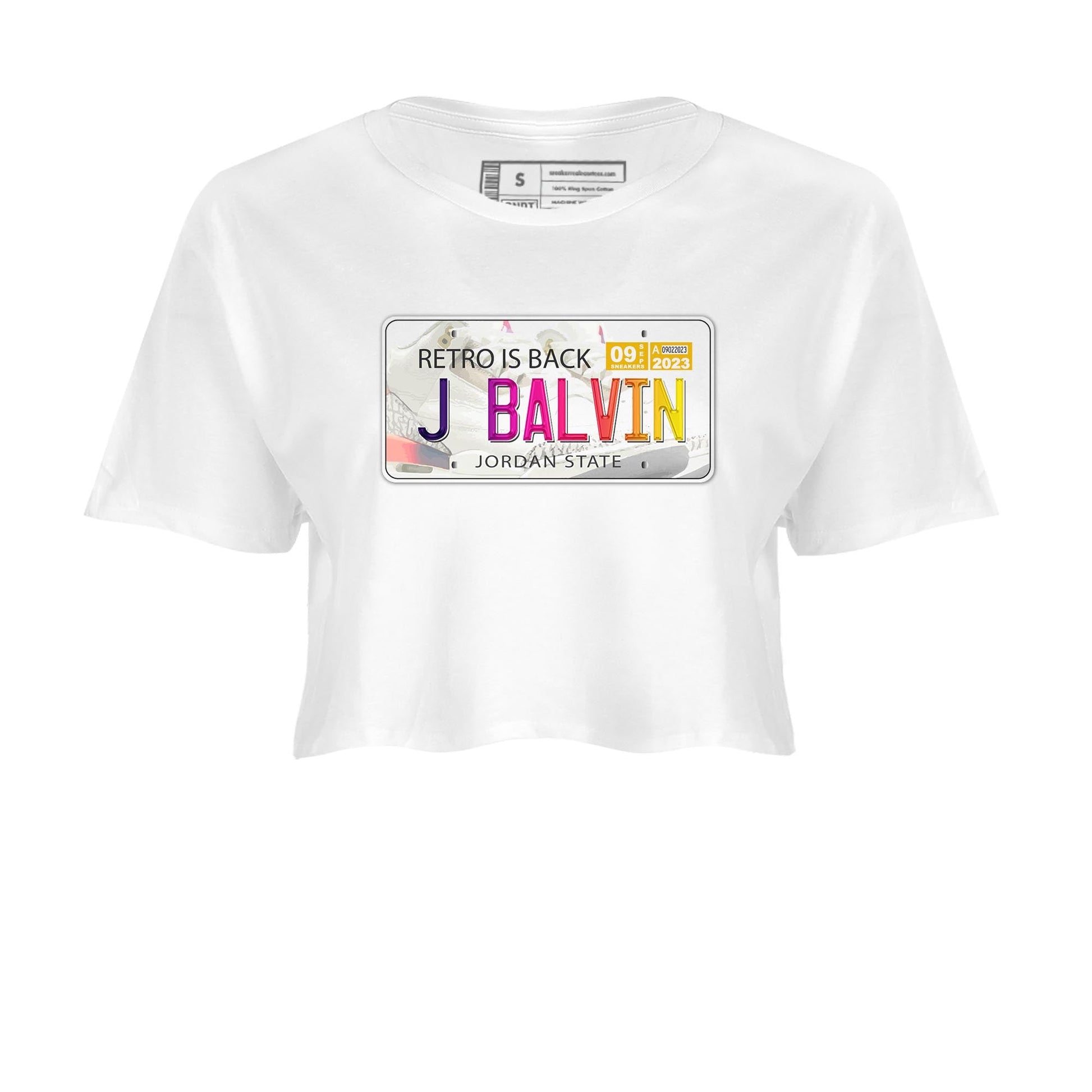 Air Jordan 3 J Balvin shirt to match jordans Jordan Plate sneaker tees Crew Neck Air Jordan 3 X J Balvin SNRT Sneaker Release Tees White 2 Crop T-Shirt