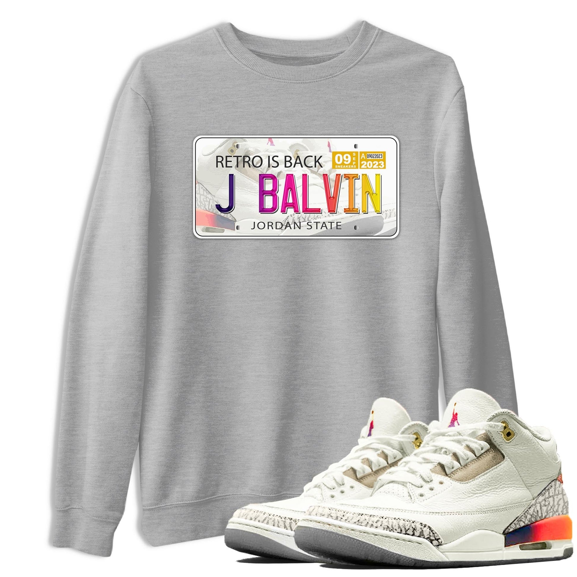 Air Jordan 3 J Balvin shirt to match jordans Jordan Plate sneaker tees Crew Neck Air Jordan 3 X J Balvin SNRT Sneaker Release Tees Unisex Casual Shirts Heather Grey 1 T-Shirt