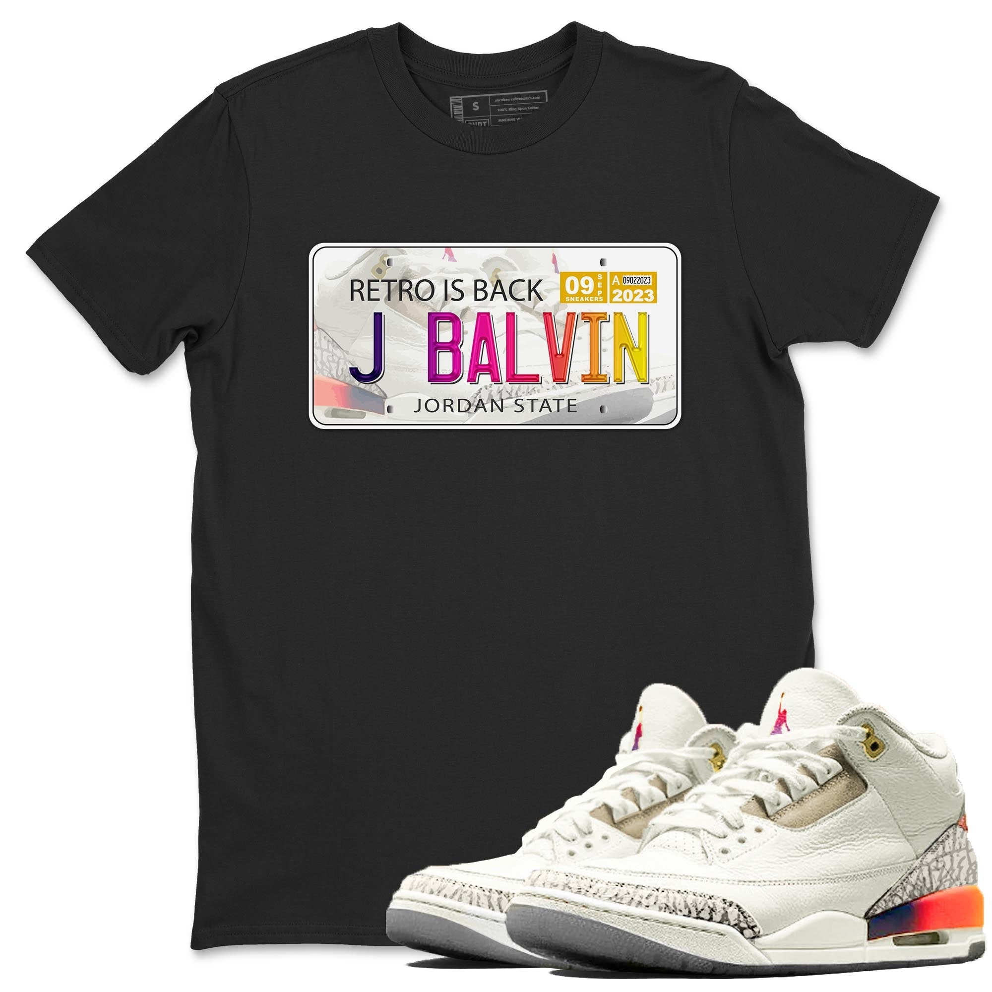 Air Jordan 3 J Balvin shirt to match jordans Jordan Plate sneaker tees Crew Neck Air Jordan 3 X J Balvin SNRT Sneaker Release Tees Unisex Casual Shirts Black 1 T-Shirt