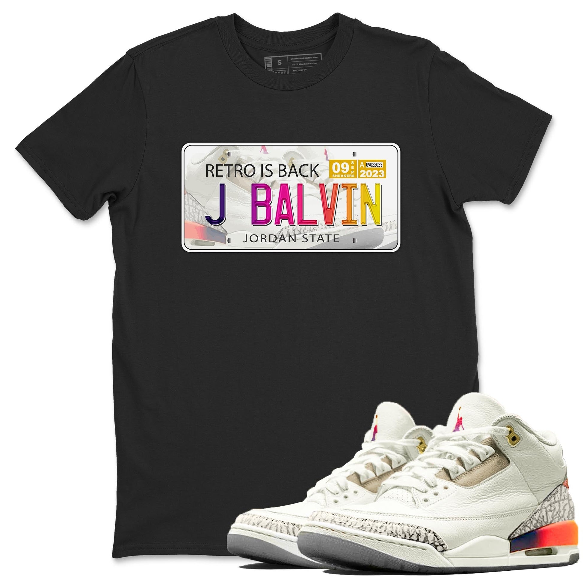 Air Jordan 3 J Balvin shirt to match jordans Jordan Plate sneaker tees Crew Neck Air Jordan 3 X J Balvin SNRT Sneaker Release Tees Unisex Casual Shirts Black 1 T-Shirt