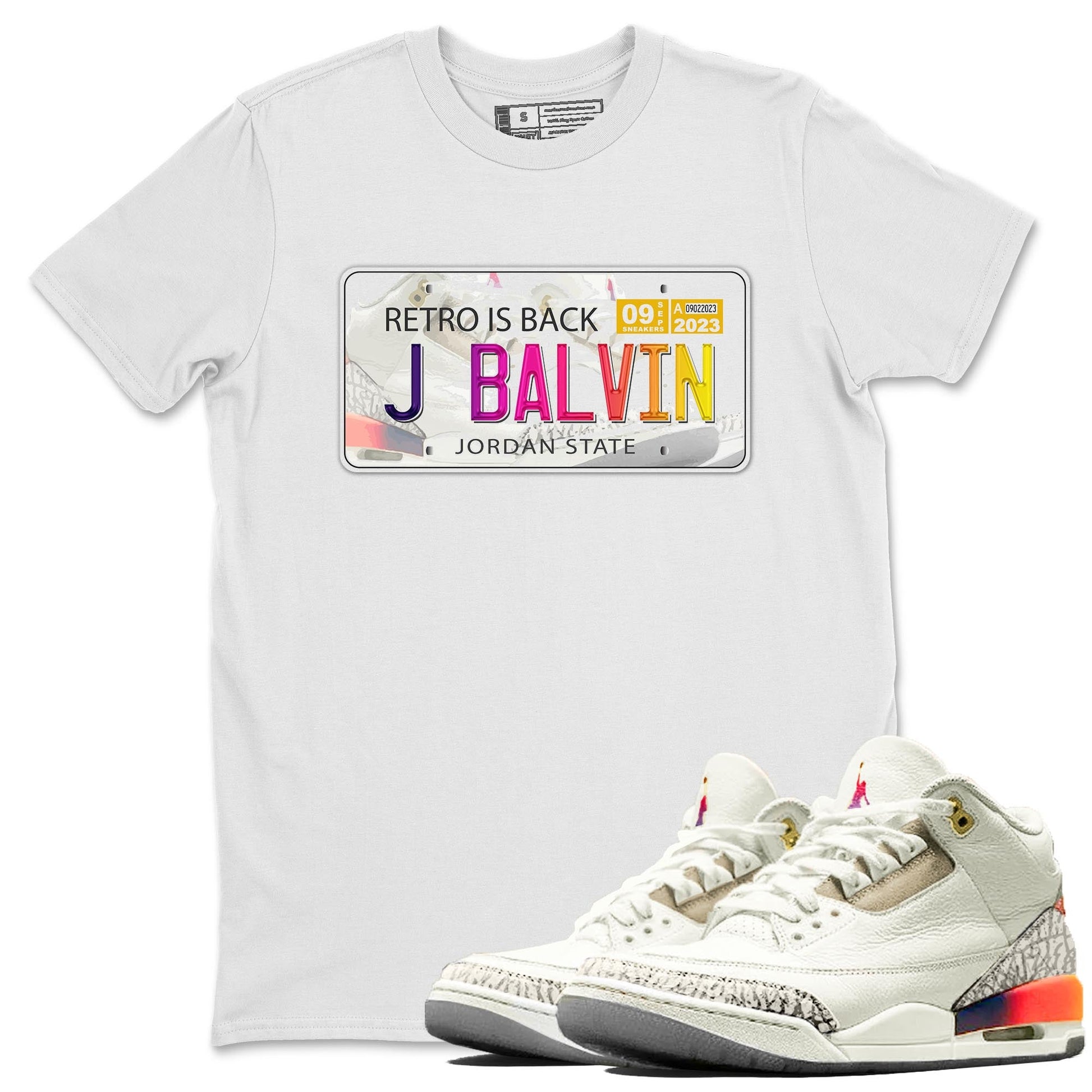 Air Jordan 3 J Balvin shirt to match jordans Jordan Plate sneaker tees Crew Neck Air Jordan 3 X J Balvin SNRT Sneaker Release Tees Unisex Casual Shirts White 1 T-Shirt