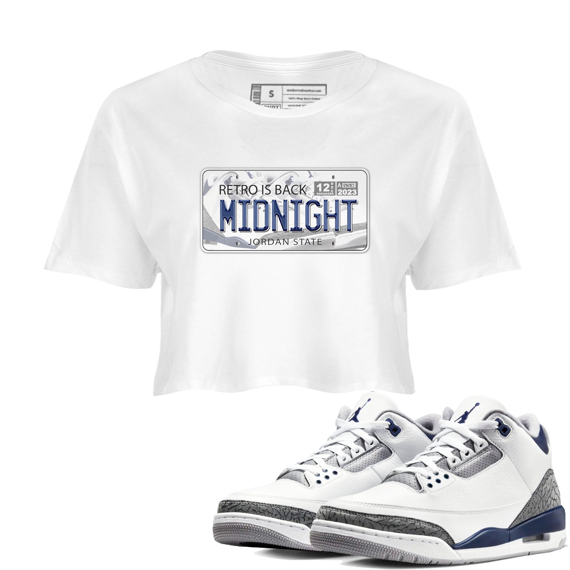 Air Jordan 3 Retro Midnight Navy shirt to match jordans Jordan Plate sneaker shirt 3s Midnight Navy SNRT sneaker tees White 1 crop shirt