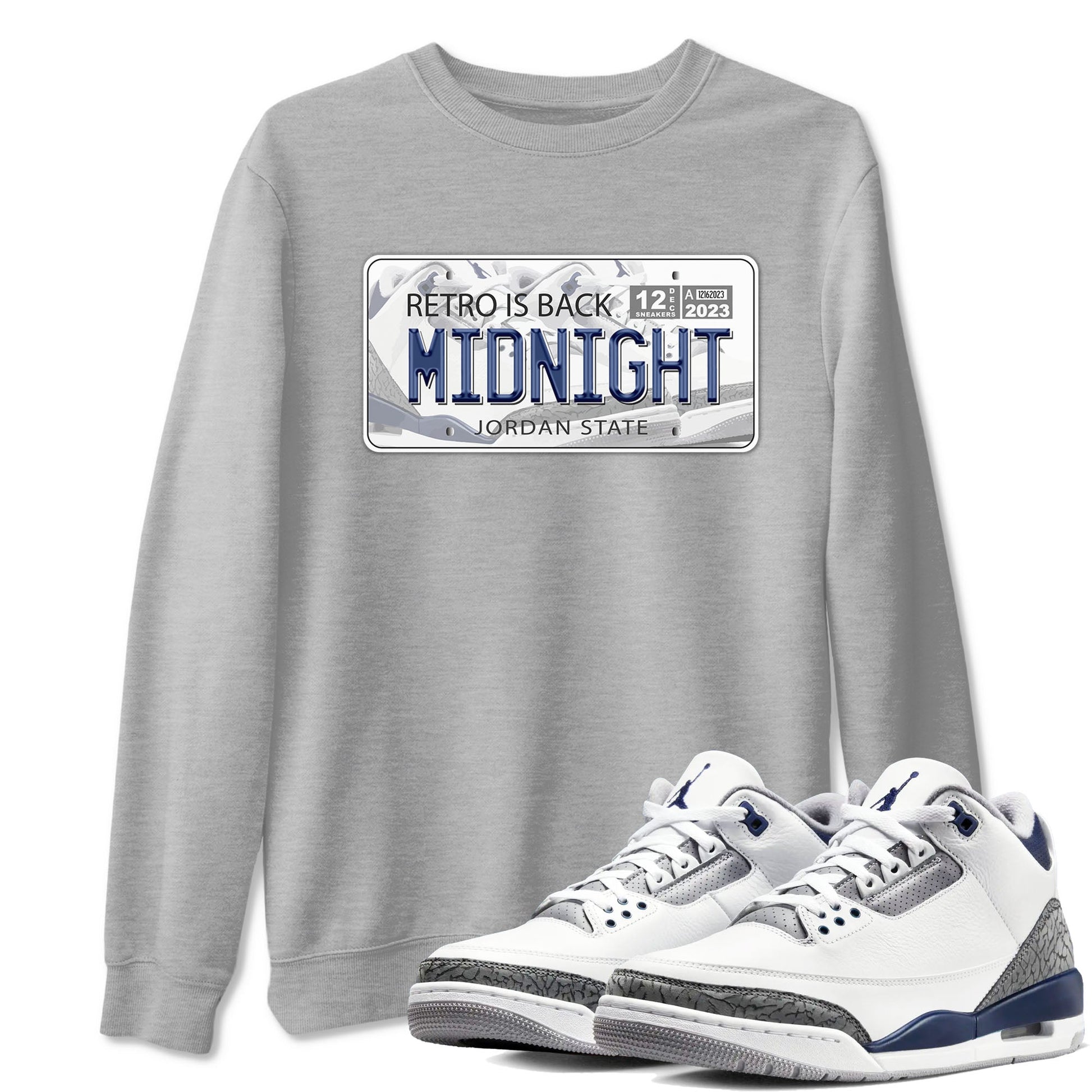 Air Jordan 3 Retro Midnight Navy shirt to match jordans Jordan Plate sneaker shirt 3s Midnight Navy SNRT sneaker tees unisex crew neck cotton Heather Grey 1 crew neck shirt