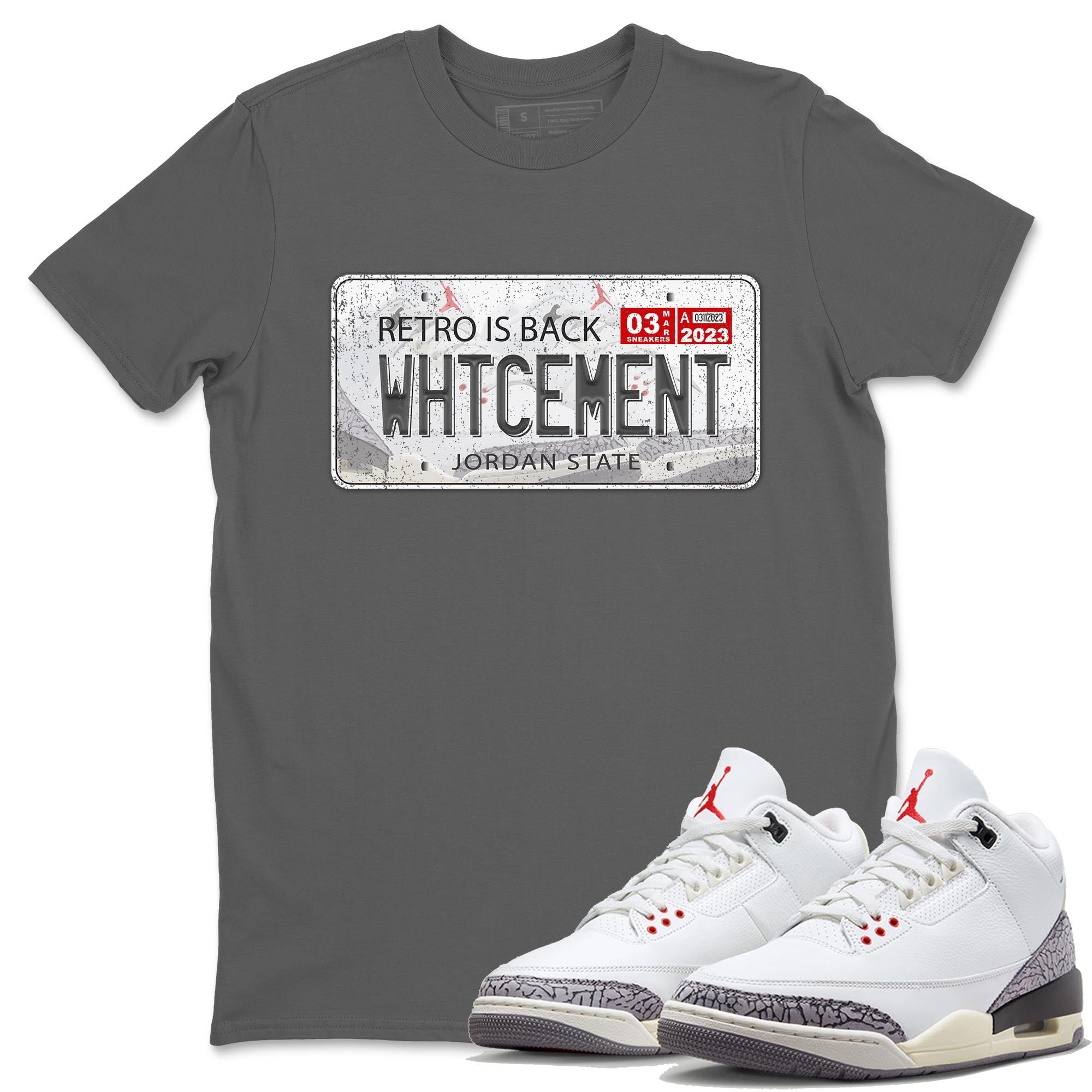 Air Jordan 3 White Cement Jordan Plate Crew Neck Sneaker Tees AJ 3s White Cement Sneaker T-Shirts Size Chart