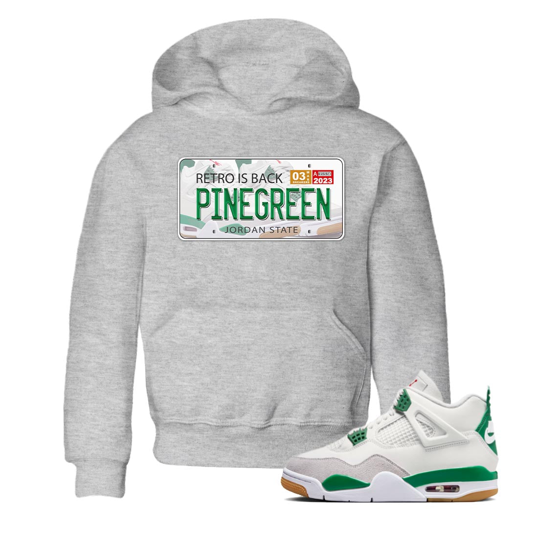 Air Jordan 4 Pine Green Sneaker Match Tees Jordan Plate Sneaker Tees AJ 4s Pine Green Sneaker Release Tees Kids Shirts Heather Grey 1