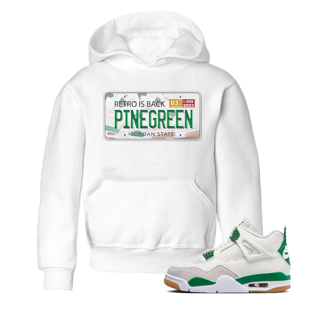 Air Jordan 4 Pine Green Sneaker Match Tees Jordan Plate Sneaker Tees AJ 4s Pine Green Sneaker Release Tees Kids Shirts White 1