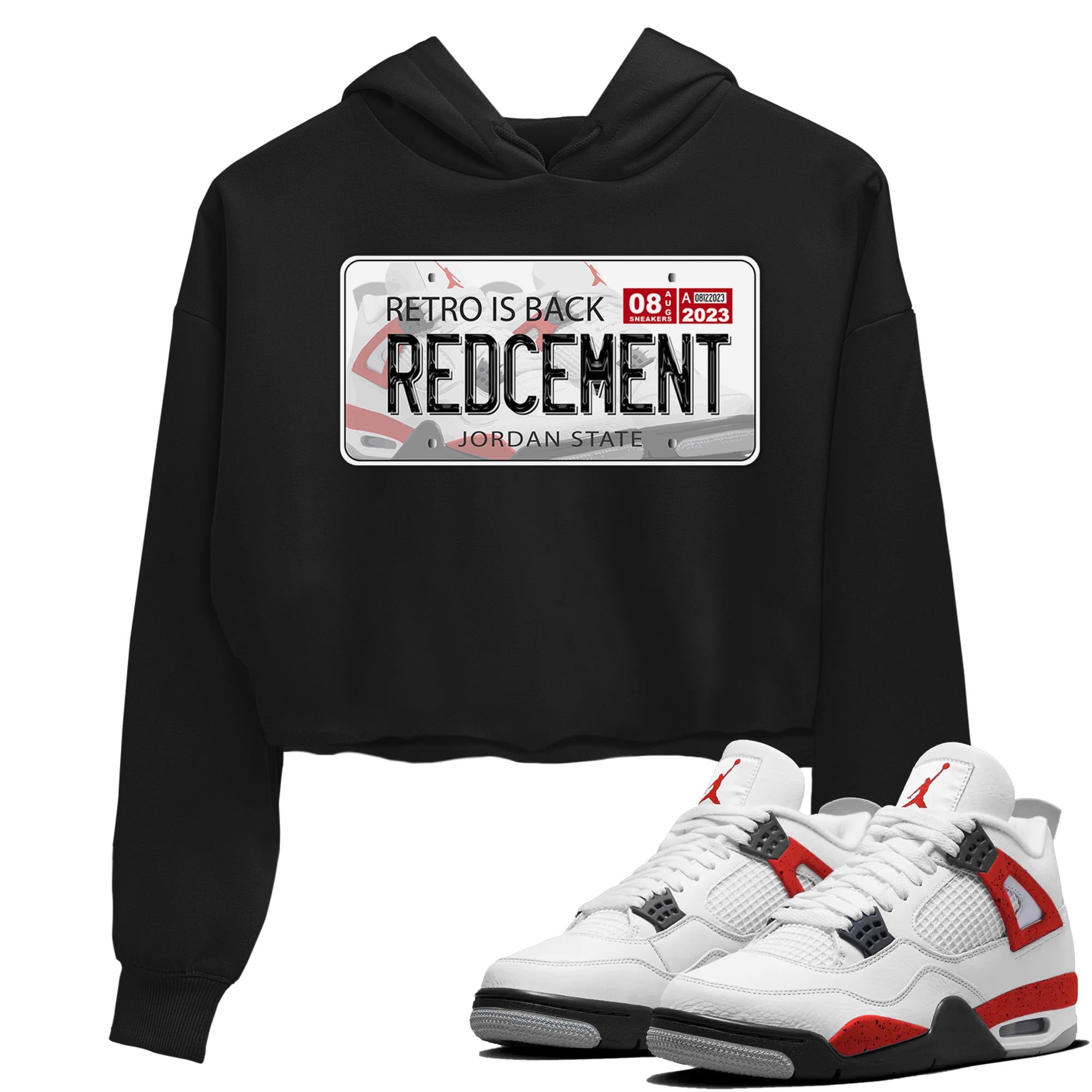 4s Red Cement shirt to match jordans Jordan Plate sneaker tees Air Jordan 4 Red Cement SNRT Sneaker Release Tees Black 1 Crop T-Shirt