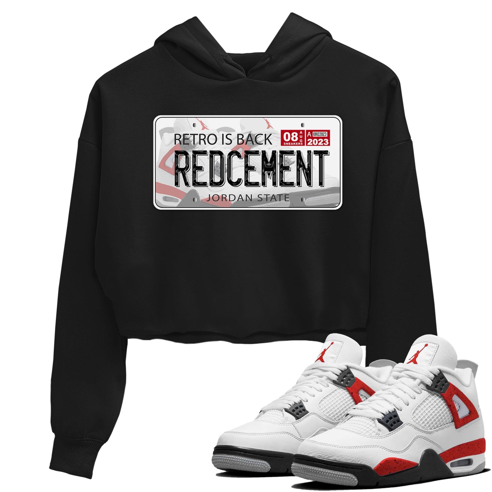 4s Red Cement shirt to match jordans Jordan Plate sneaker tees Air Jordan 4 Red Cement SNRT Sneaker Release Tees Black 1 Crop T-Shirt