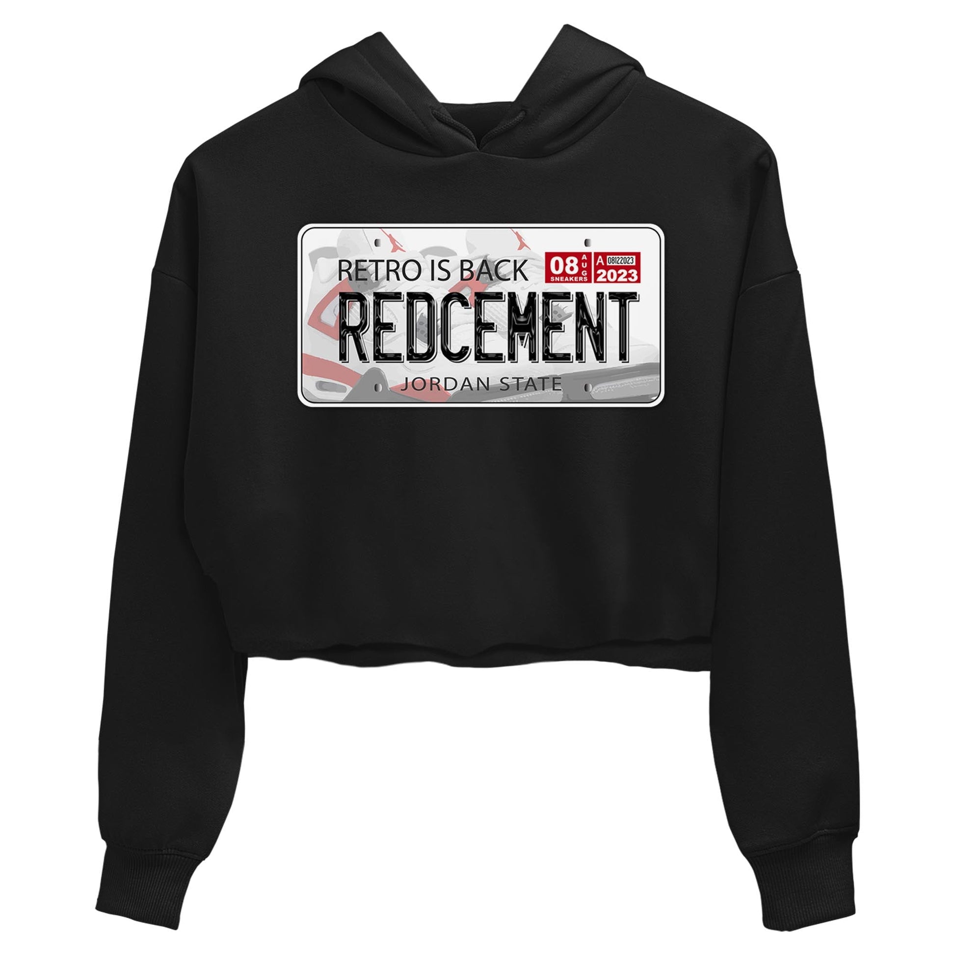 4s Red Cement shirt to match jordans Jordan Plate sneaker tees Air Jordan 4 Red Cement SNRT Sneaker Release Tees Black 2 Crop T-Shirt