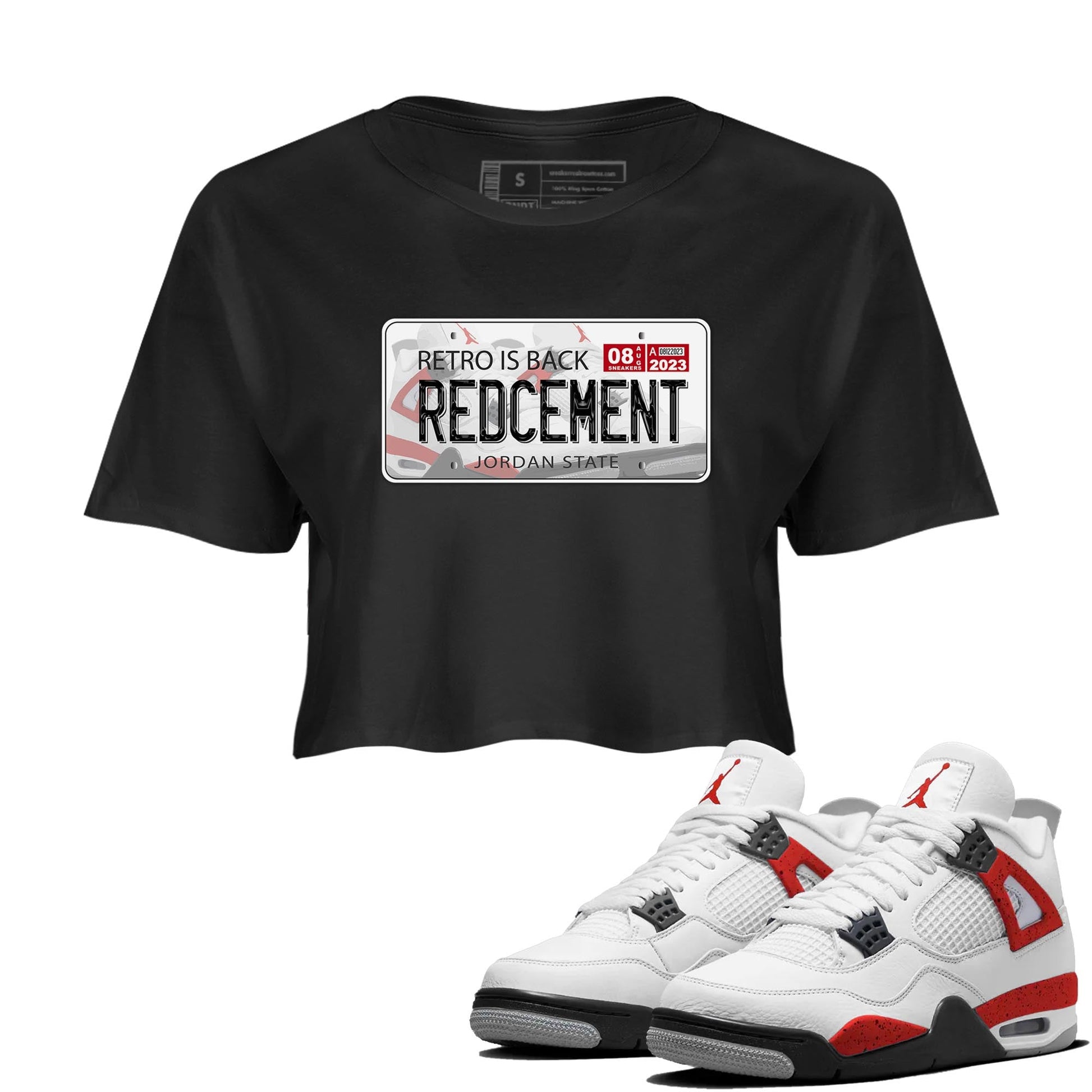 4s Red Cement shirt to match jordans Jordan Plate sneaker tees Air Jordan 4 Red Cement SNRT Sneaker Release Tees Black 1 Crop T-Shirt