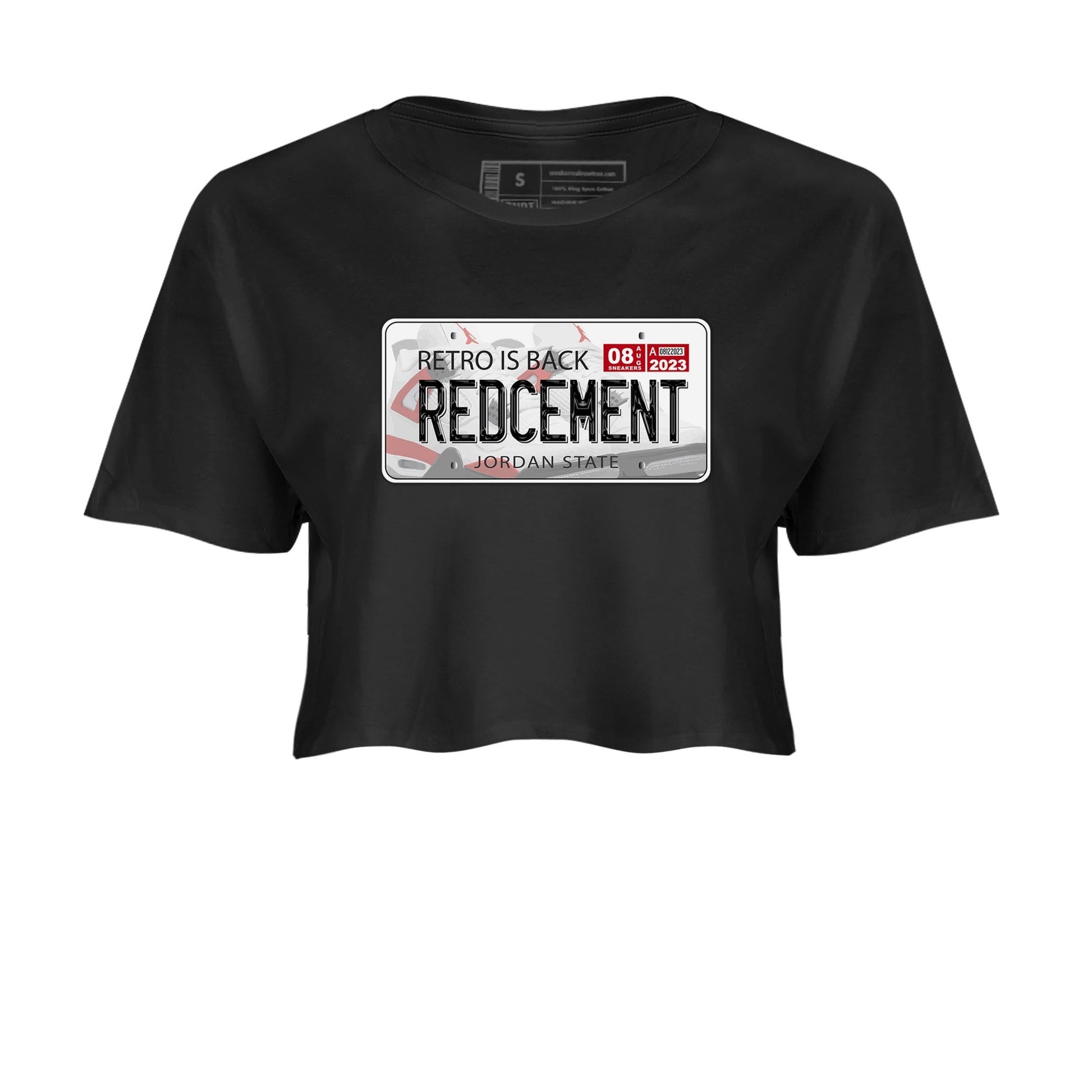 4s Red Cement shirt to match jordans Jordan Plate sneaker tees Air Jordan 4 Red Cement SNRT Sneaker Release Tees Black 2 Crop T-Shirt