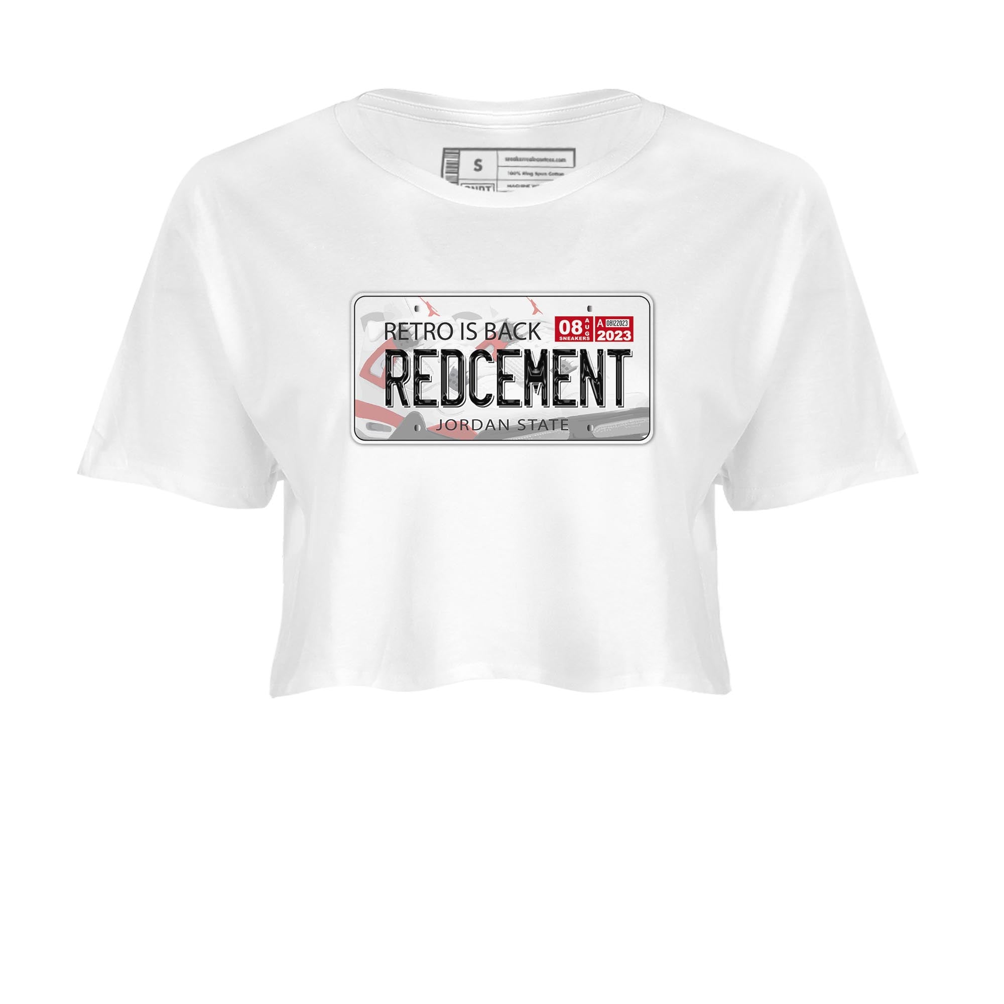 4s Red Cement shirt to match jordans Jordan Plate sneaker tees Air Jordan 4 Red Cement SNRT Sneaker Release Tees White 2 Crop T-Shirt