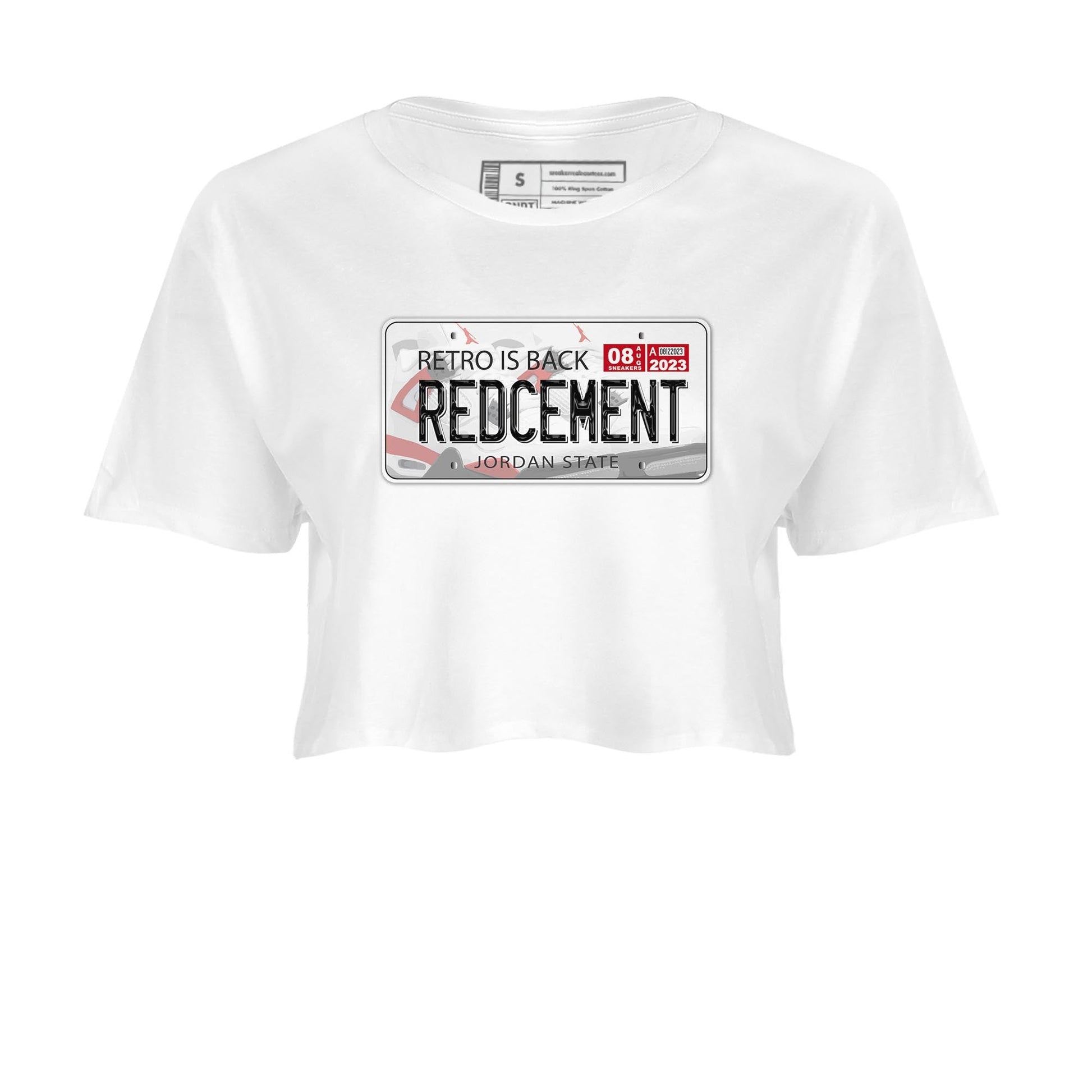 4s Red Cement shirt to match jordans Jordan Plate sneaker tees Air Jordan 4 Red Cement SNRT Sneaker Release Tees White 2 Crop T-Shirt