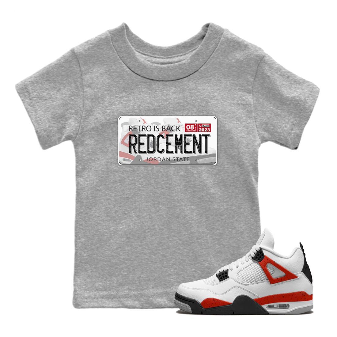 4s Red Cement shirt to match jordans Jordan Plate sneaker tees Air Jordan 4 Red Cement SNRT Sneaker Release Tees Baby Toddler Heather Grey 1 T-Shirt
