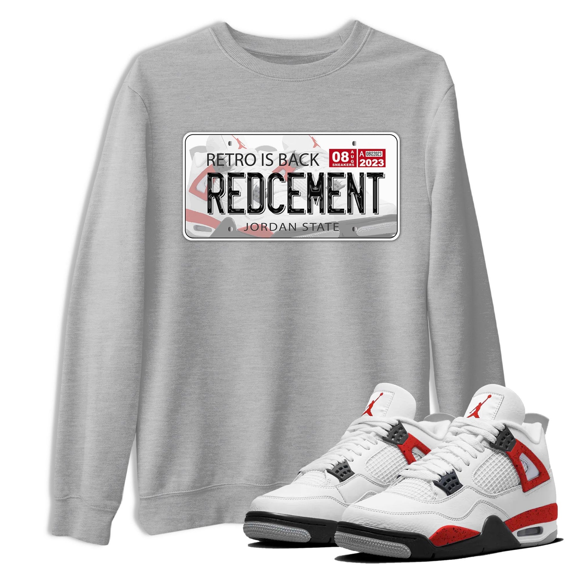 4s Red Cement shirt to match jordans Jordan Plate sneaker tees Air Jordan 4 Red Cement SNRT Sneaker Release Tees Crew Neck Casual Unisex Heather Grey 1 T-Shirt