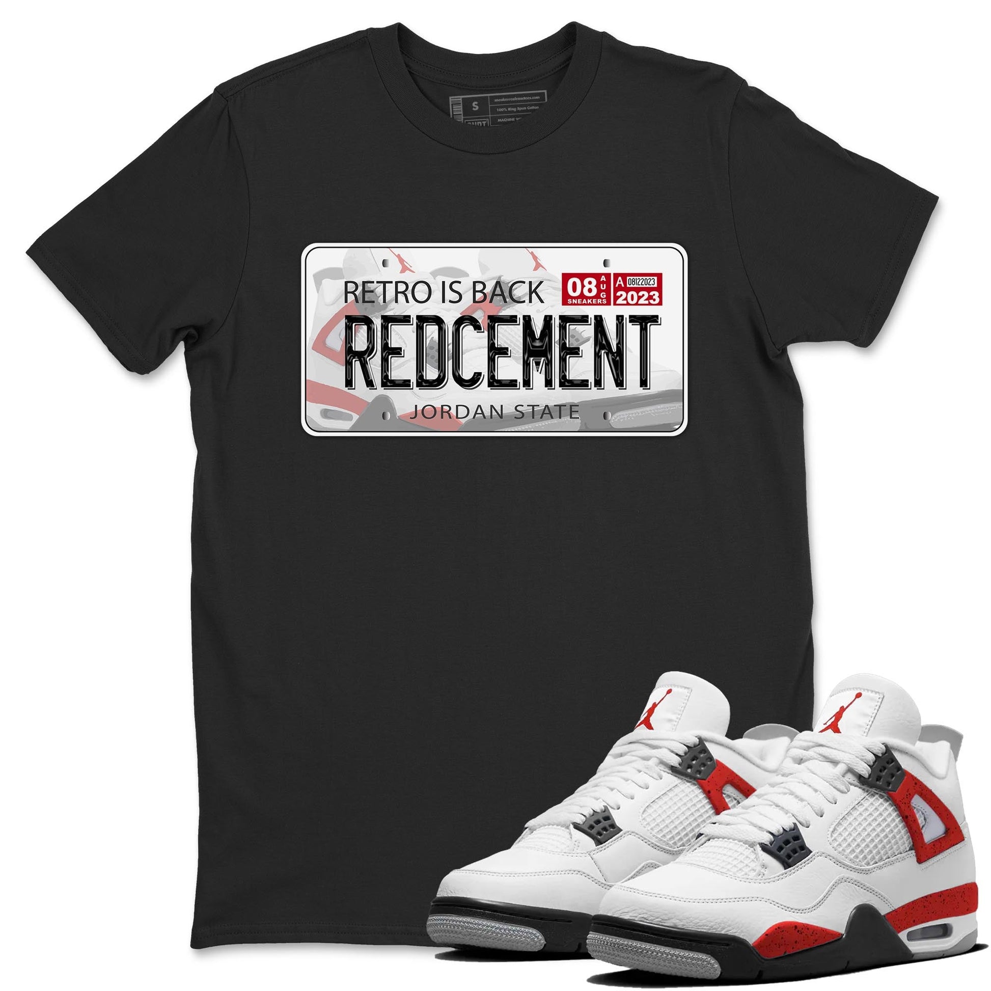 4s Red Cement shirt to match jordans Jordan Plate sneaker tees Air Jordan 4 Red Cement SNRT Sneaker Release Tees Crew Neck Casual Unisex Black 1 T-Shirt