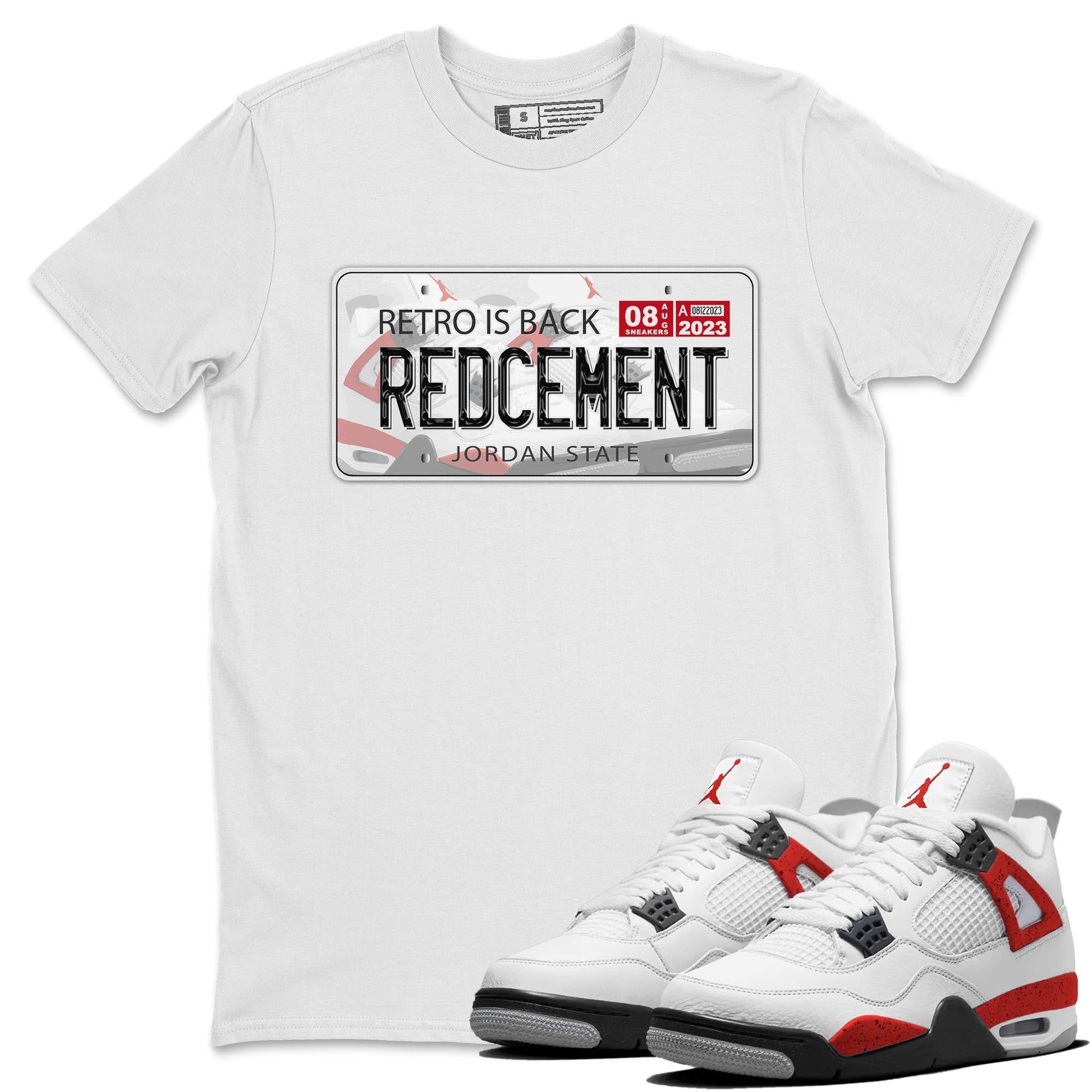 4s Red Cement shirt to match jordans Jordan Plate sneaker tees Air Jordan 4 Red Cement SNRT Sneaker Release Tees Crew Neck Casual Unisex White 1 T-Shirt