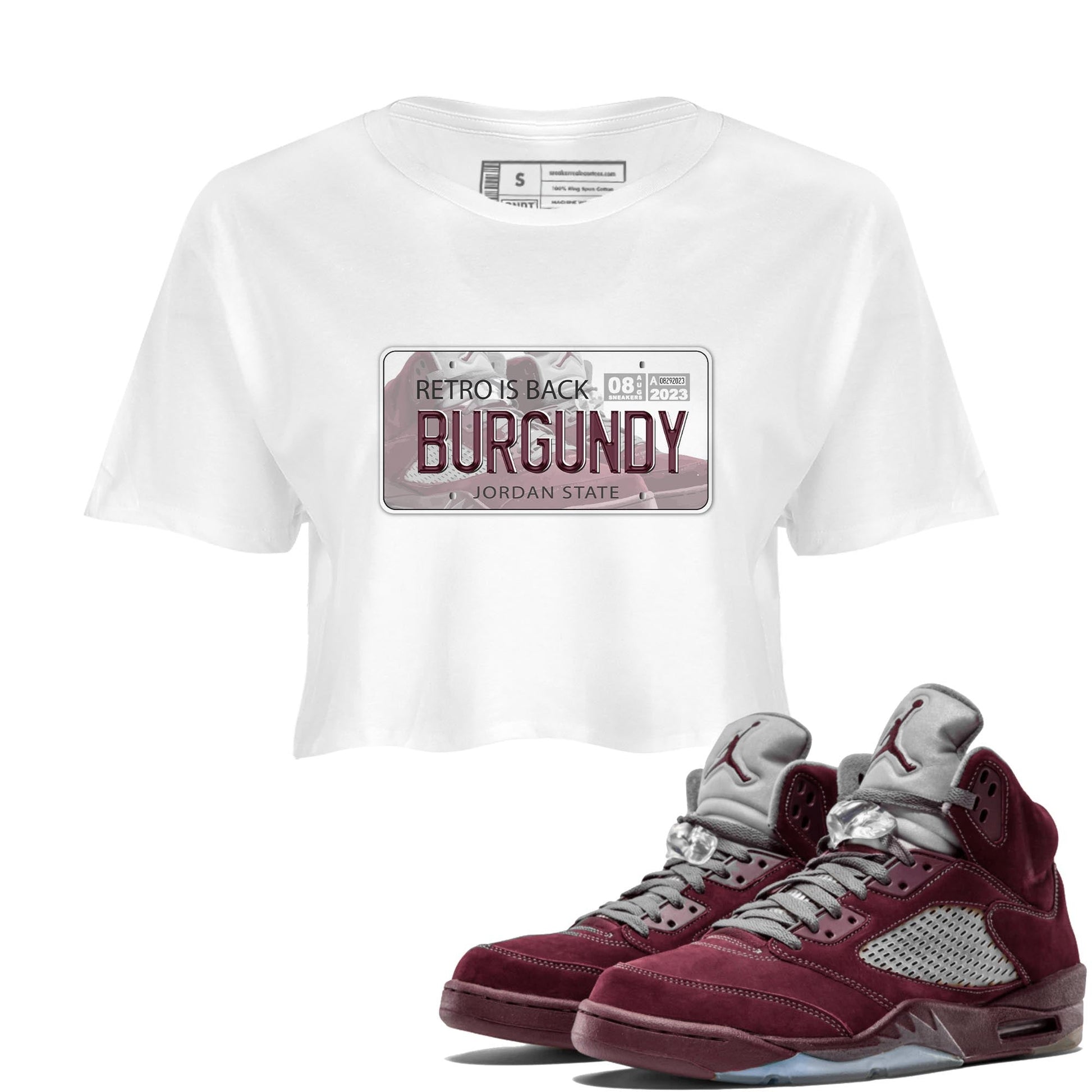 Jordan 5 Burgundy shirt to match jordans Jordan Plate sneaker tees Crew Neck AJ5 Burgundy SNRT Sneaker Release Tees White 1 Crop T-Shirt