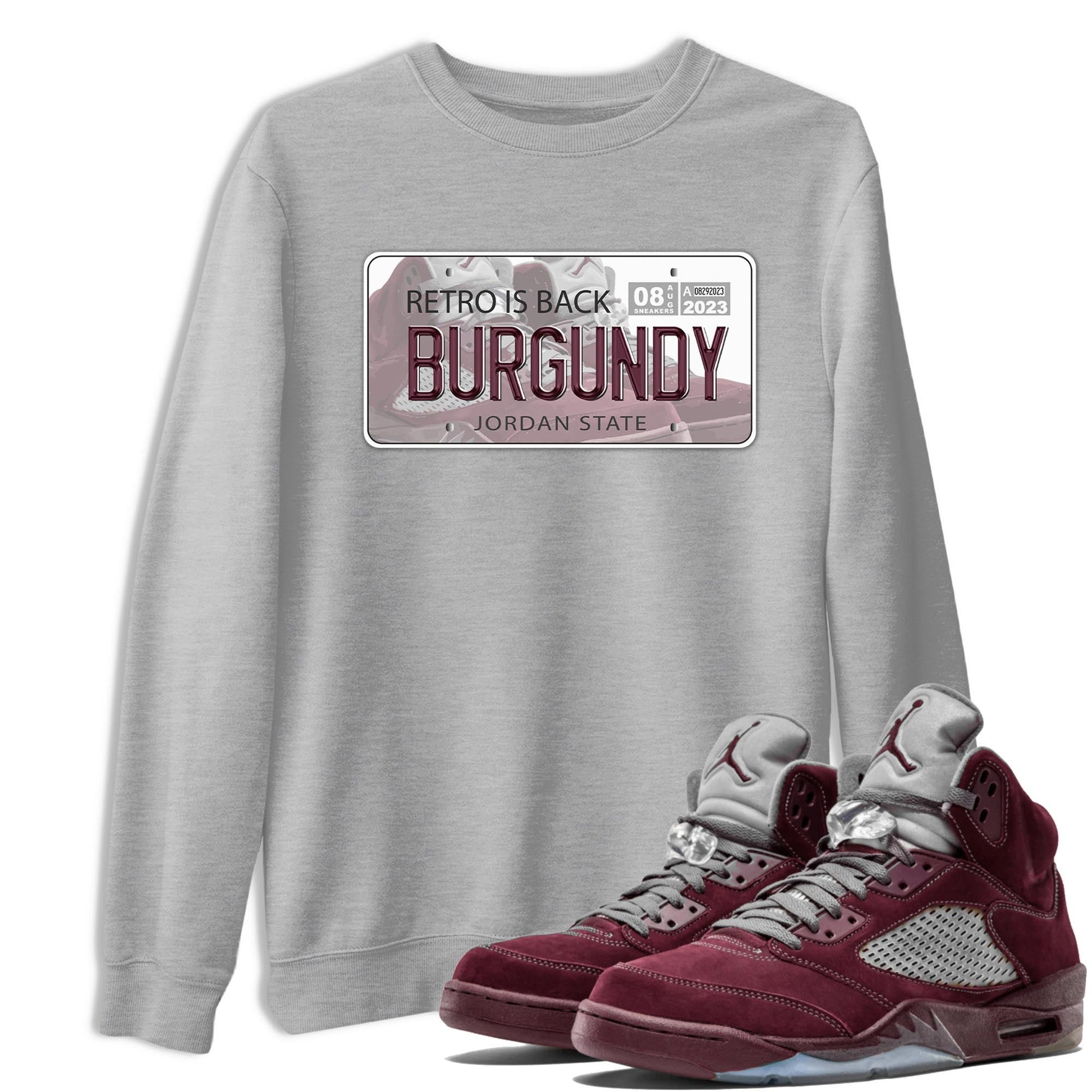 Jordan 5 Burgundy shirt to match jordans Jordan Plate sneaker tees Crew Neck AJ5 Burgundy SNRT Sneaker Release Tees Unisex Casual Shirts Heather Grey 1 T-Shirt