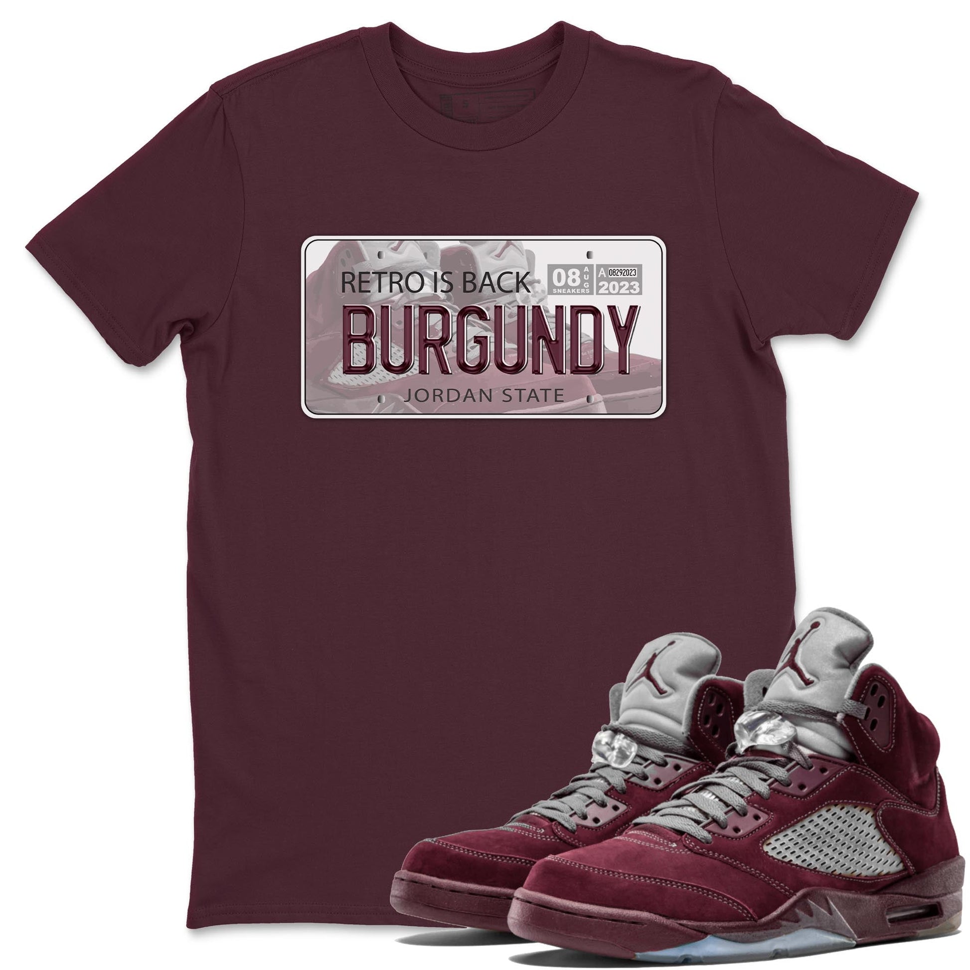 Jordan 5 Burgundy shirt to match jordans Jordan Plate sneaker tees Crew Neck AJ5 Burgundy SNRT Sneaker Release Tees Unisex Casual Shirts Maroon 1 T-Shirt